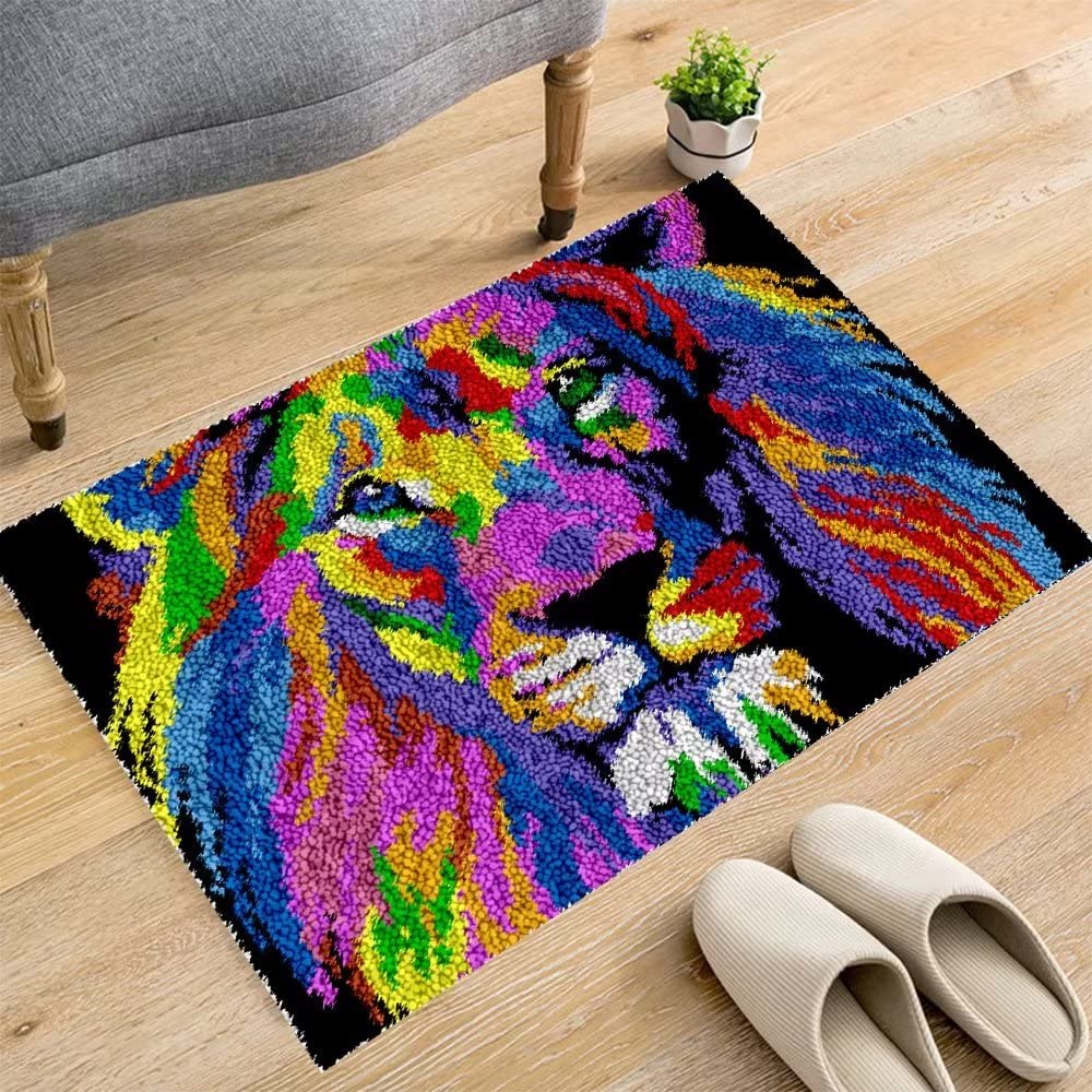 ROCKY&CHAO Latch Hook Kit for Adults & Kids Complete DIY Rug Making Craft Kits with Yarn & Canvas and Crochet Needle, Adult Craft Kits for Women, Relaxing Home Art Project - Colorful Lion 50x38cm — image 1