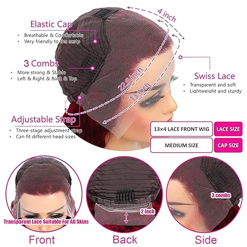 image for GRQGRQ 99J Burgundy Lace Front Wigs Human Hair Pre Plucked 180% Densit