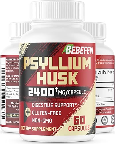 BEBEFEN Cápsulas de cáscara de psyllium de 2400 mg con pimienta negra, suministro para 2 meses, fibra soluble diaria para la salud intestinal,