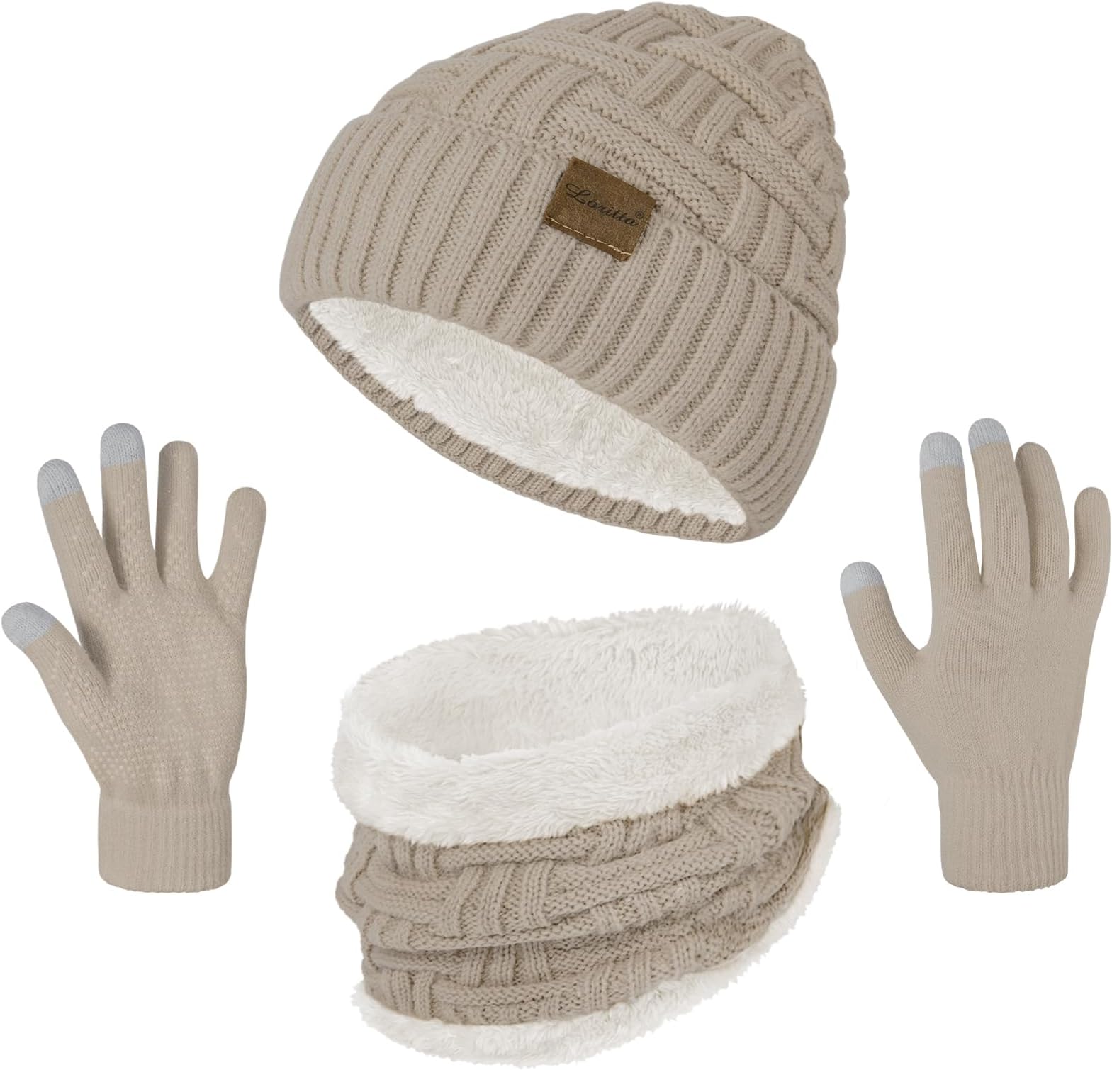 3-Pieces Winter Hat Neck Warmer Touchscreen Gloves Set Knit Thick Scarf Beanie Hats Scarves Set Gifts for Women
