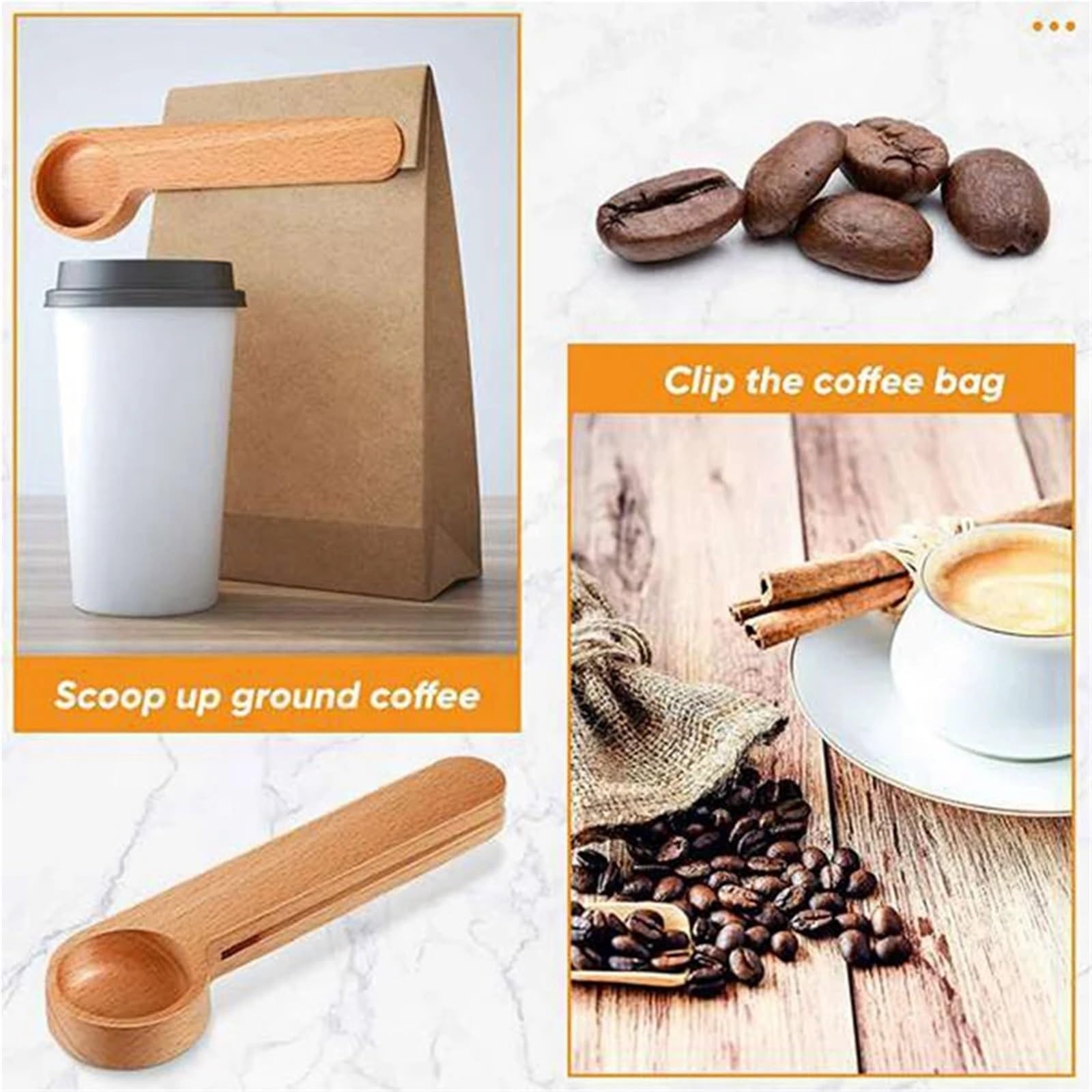 10 Stück Kaffeelöffel aus Holz und Beutelclip, Messlöffel, 2-in-1-Beutelversiegelung, Messung for Bohnen, Espresso, Tee