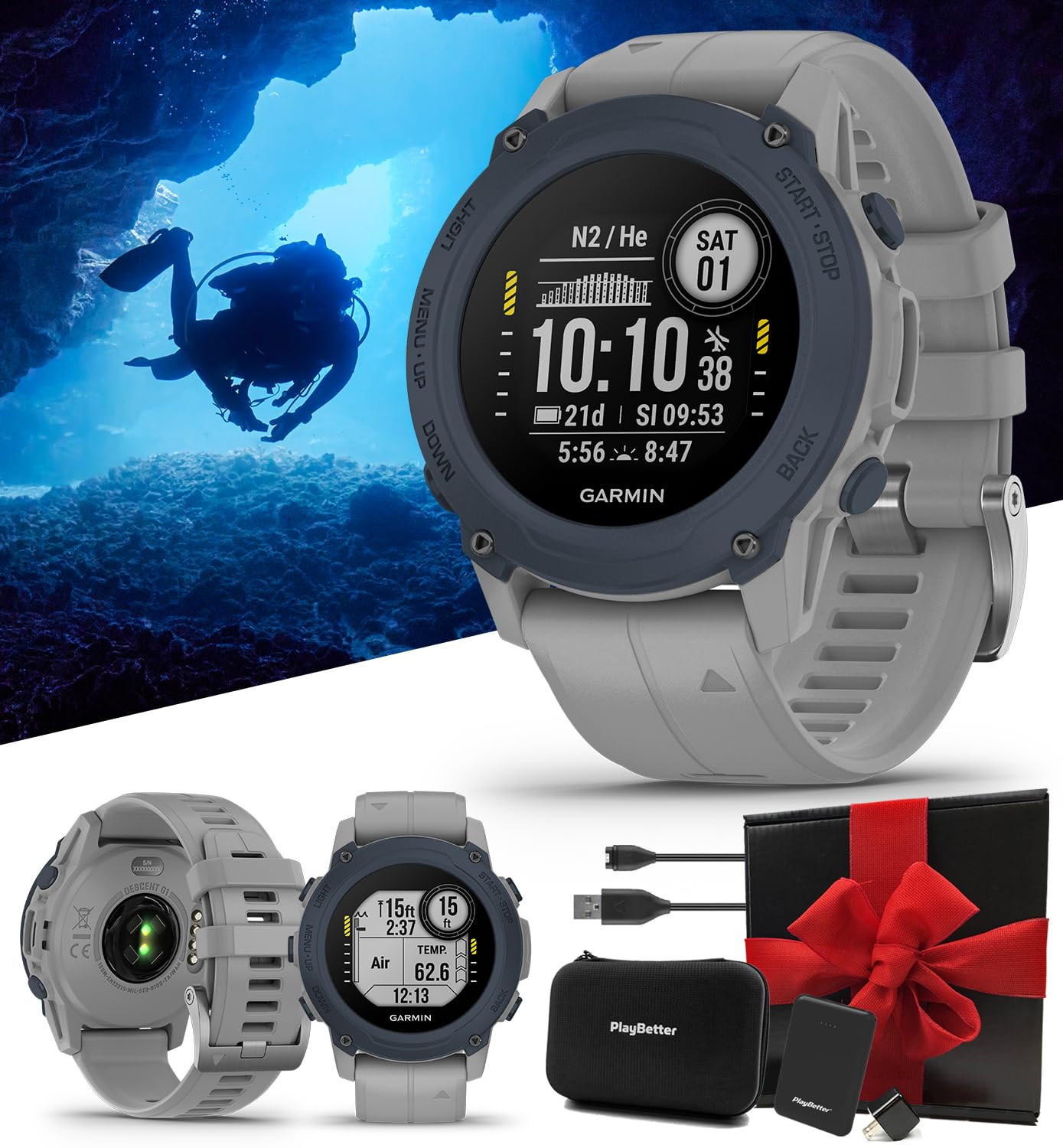 PlayBetterGarmin Descent G1 (Powder Gray) Dive Computer Watch Gift Box Bundle - Rugged Smart Watch with Compass & Depth Sensor, Surface & Exit Points - Includes Charger, Wall Adapter & Hard Case