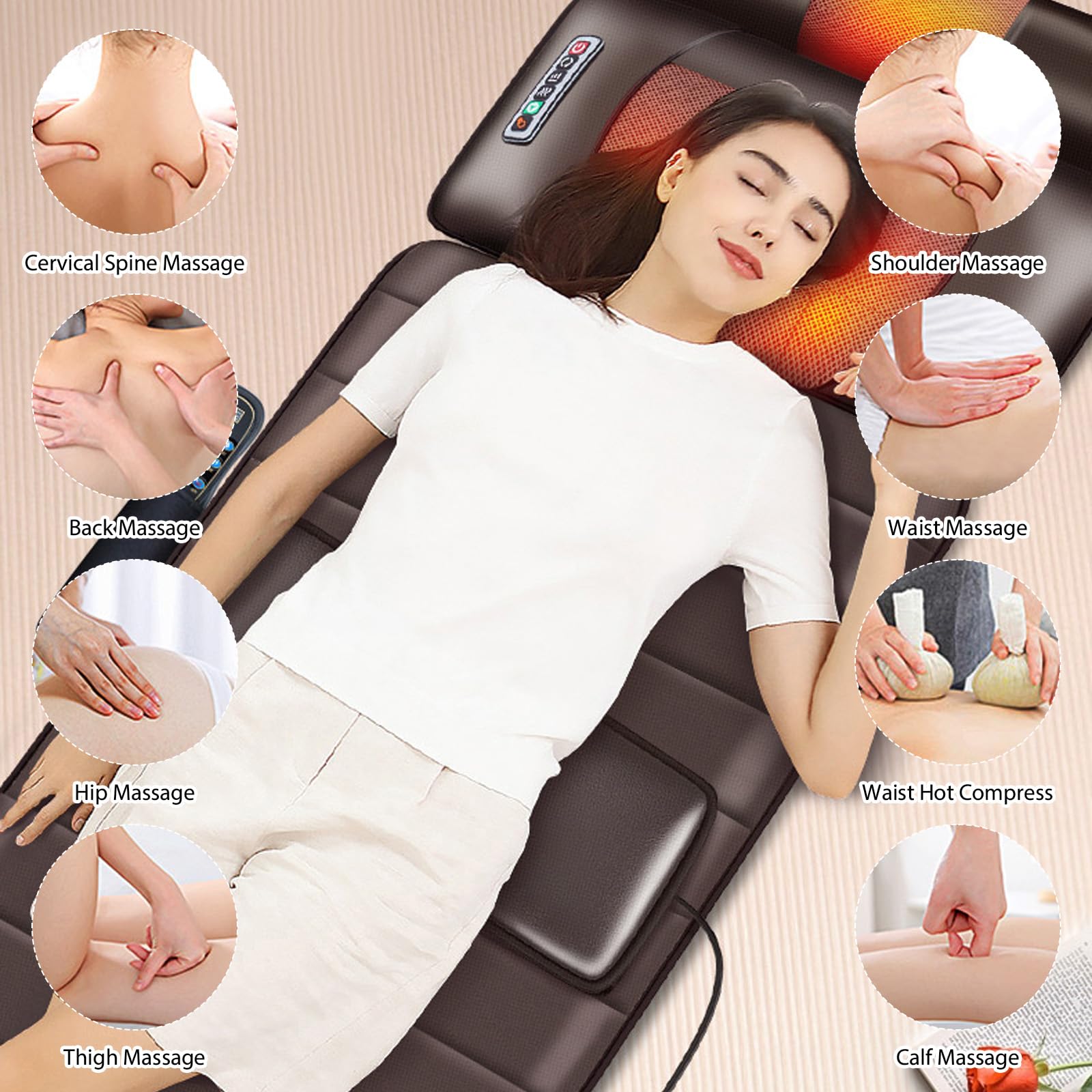 Massagematte Ganzkörpermassage mit Wärmefunktion und 10 Vibrationsmotoren, Verstellbarer Lendenairbag Akupressurmatte, Abnehmbarer Massageauflage für Nacken Rücken, für Massagestuhl, Massageliege