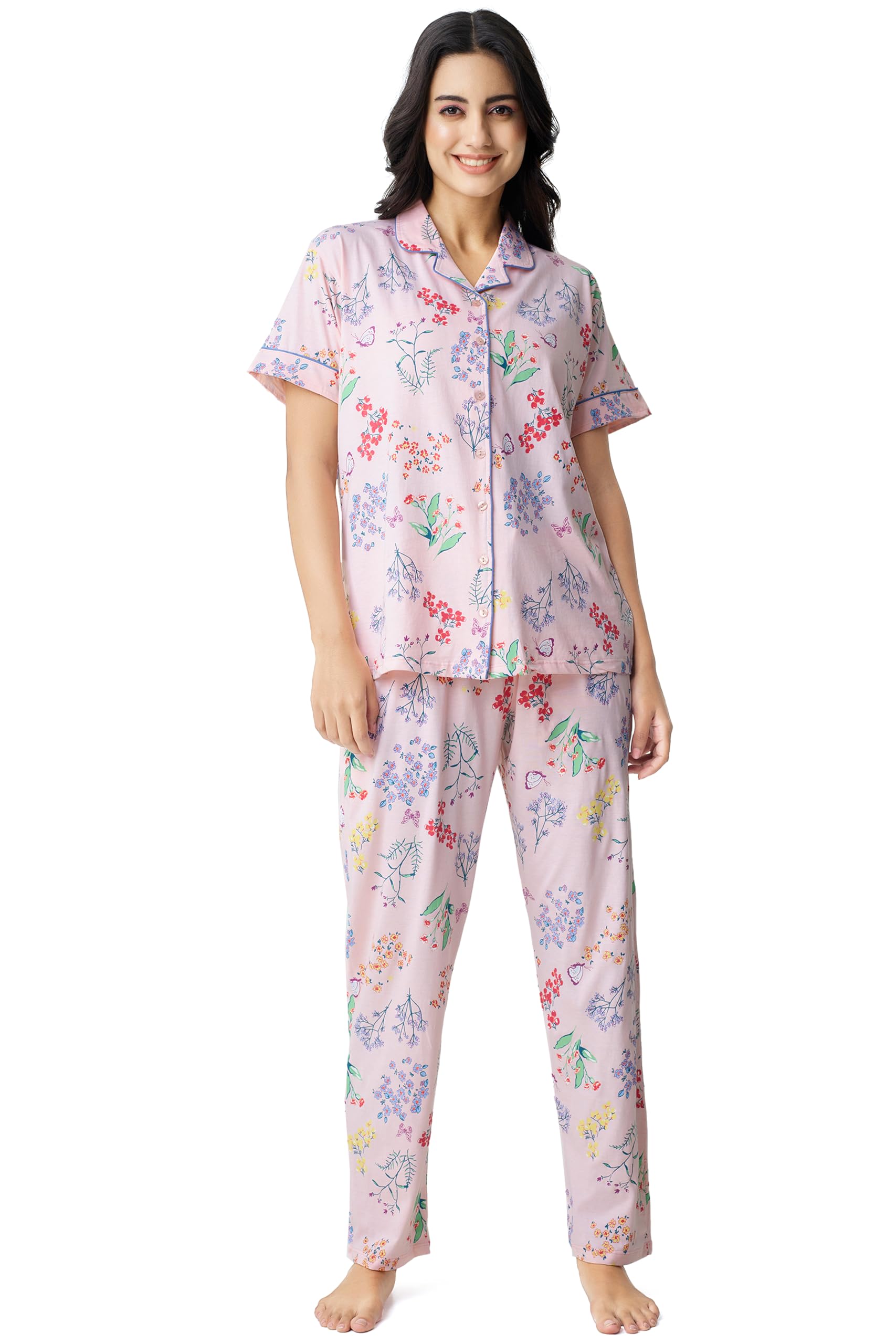 Night Suit for Womens Blossom Printed Cotton Night Dress of Shirt and Pajama Set 9400-image-35