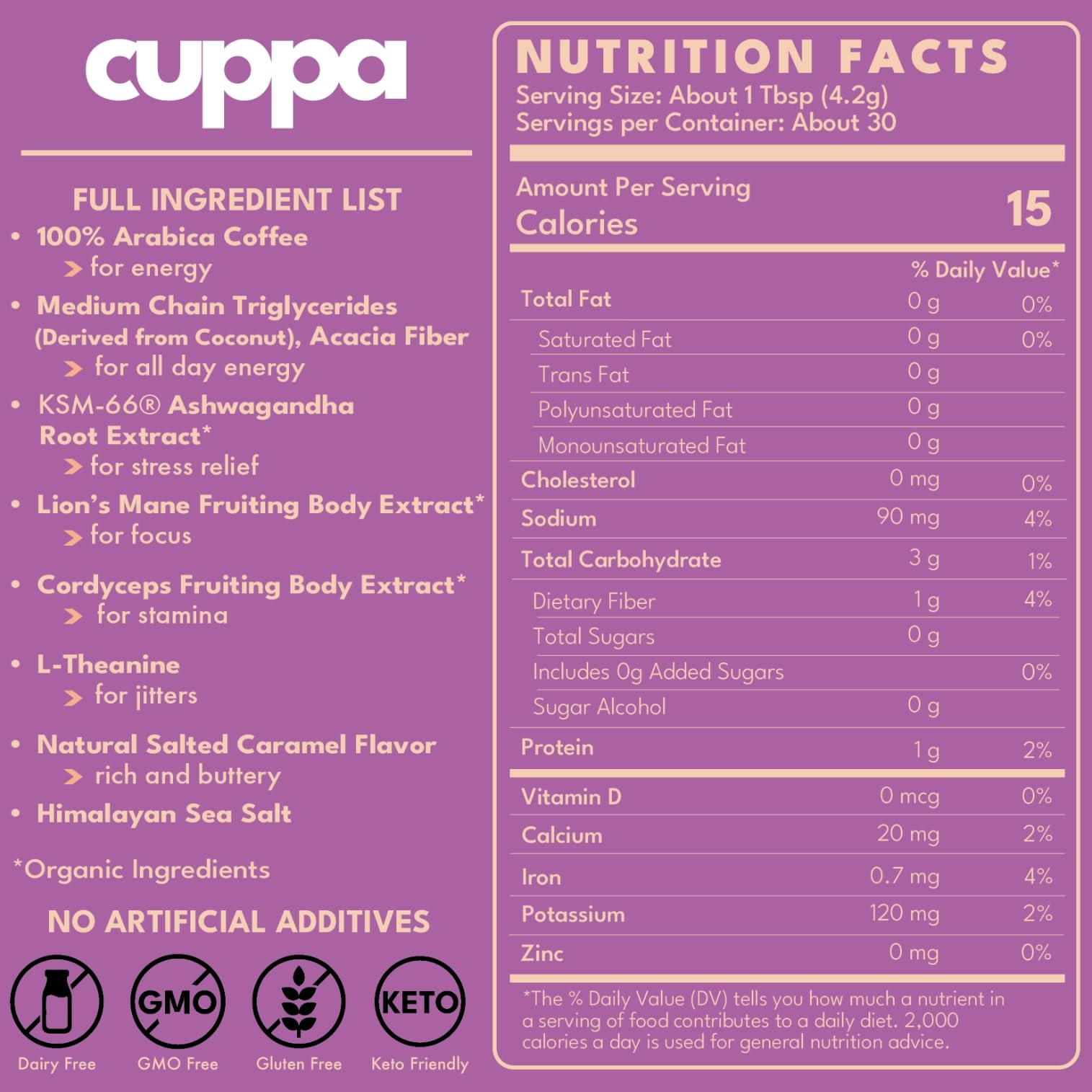 Cuppa Salted Caramel Mushroom Coffee with Adaptogens Superfoods - Lions Mane Ashwagandha Cordyceps Adaptogens MCT to support natural — view 2