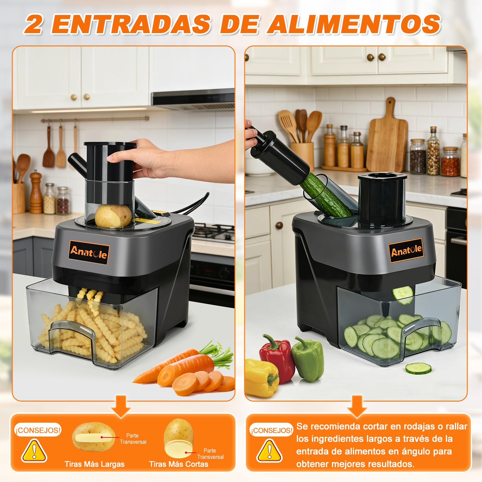 Anatole 6 en 1 Cortador de Verduras Eléctrico en Cubos Rodajas Ondulados Rallador de Vegetales Frutas Multifuncional para Pepino Patata Zanahoria Cebolla 100W 220V