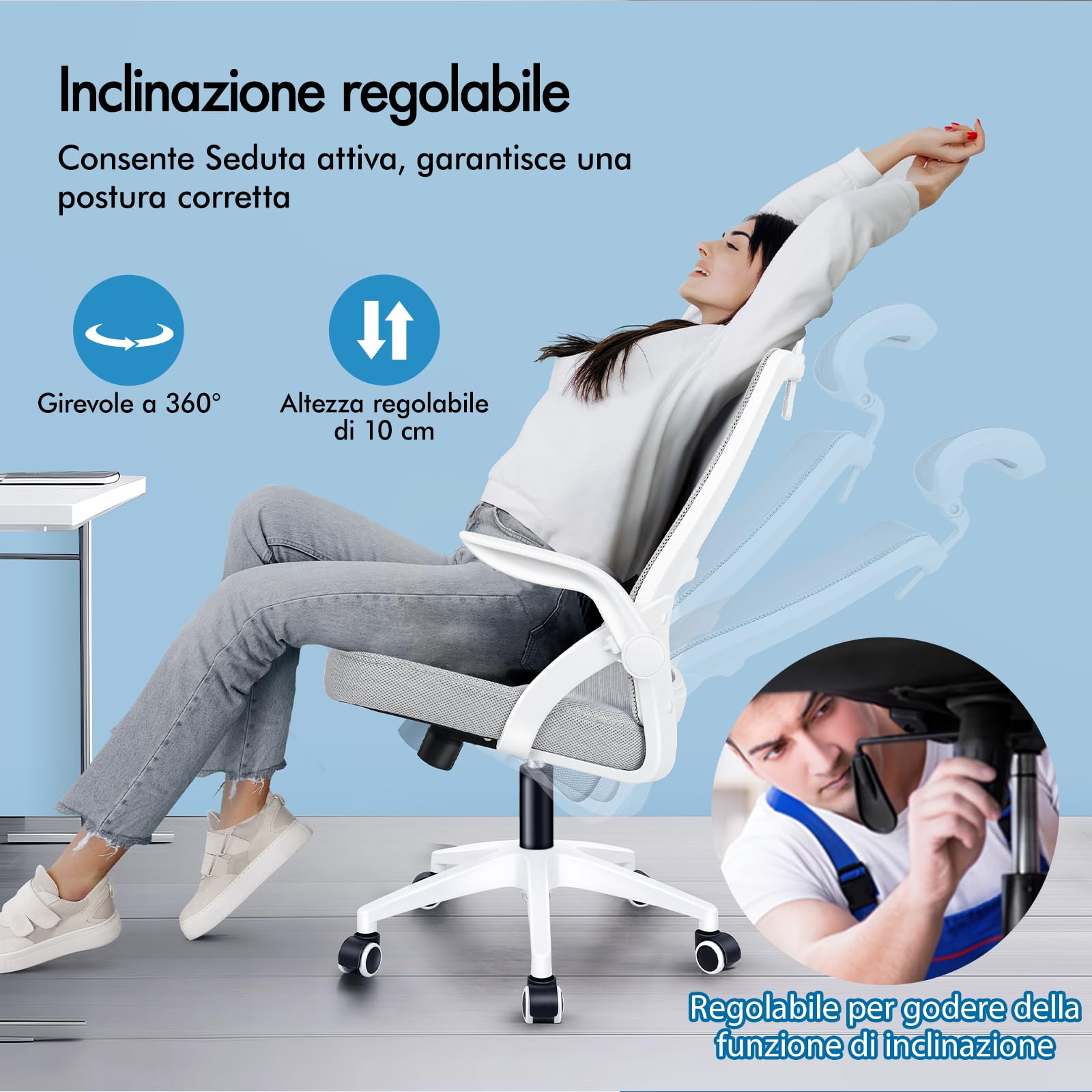 ALFORDSON Sedia da Ufficio Scrivania Ergonomica, Con Braccioli Pieghevoli, Sedile Imbottito e Schienale in Rete Traspirante, Girevole con Ruote, Funzione Oscillante, Portata 180 kg(Bianca e grigia)