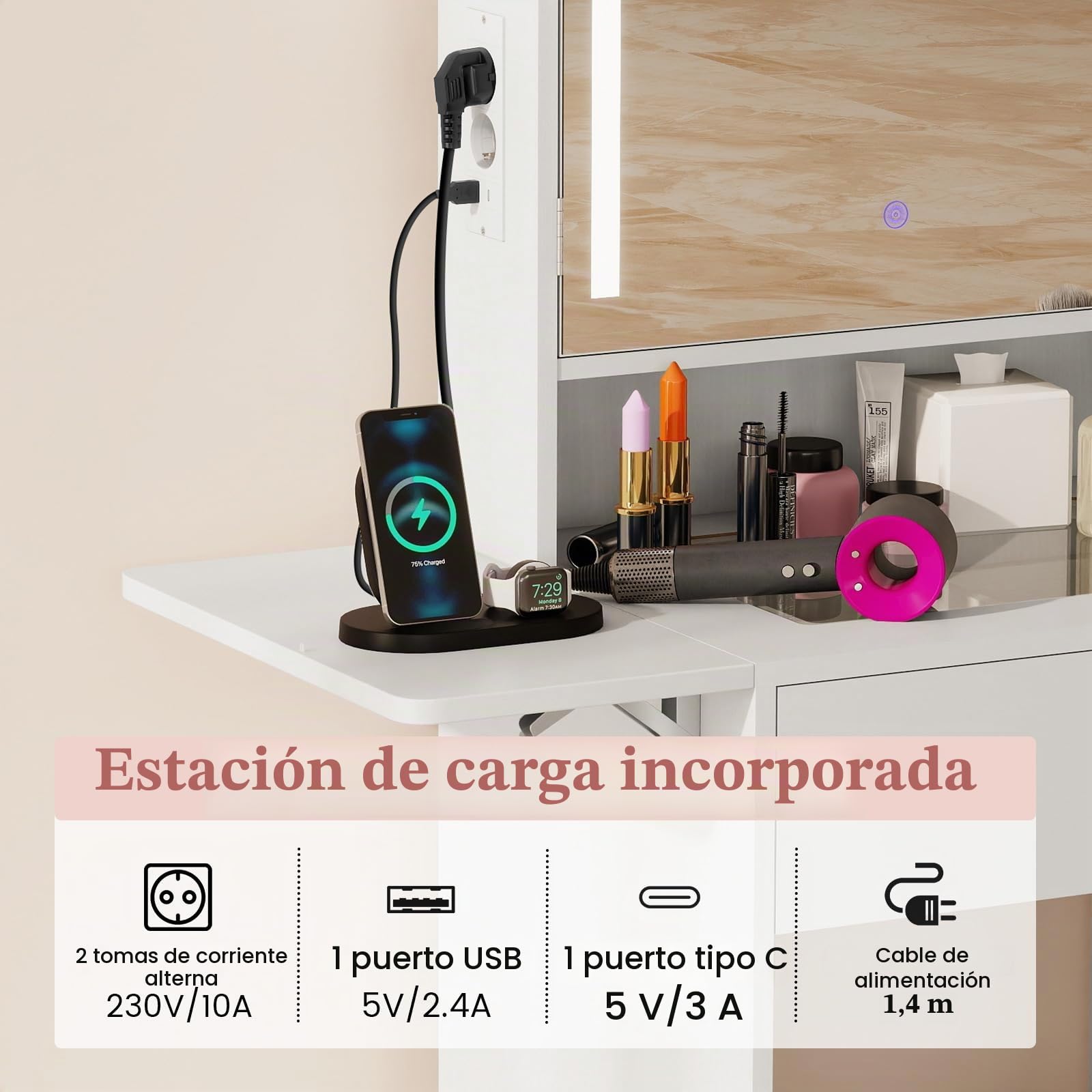 GIANTEX Tocador Compacto con Taburete Acolchado, Mesa de Maquillaje con Espejo Luminoso de 3 Modos, Cajón, Estante, Ganchos y Enchufes, 2 Tableros Laterales Plegables (Blanco)