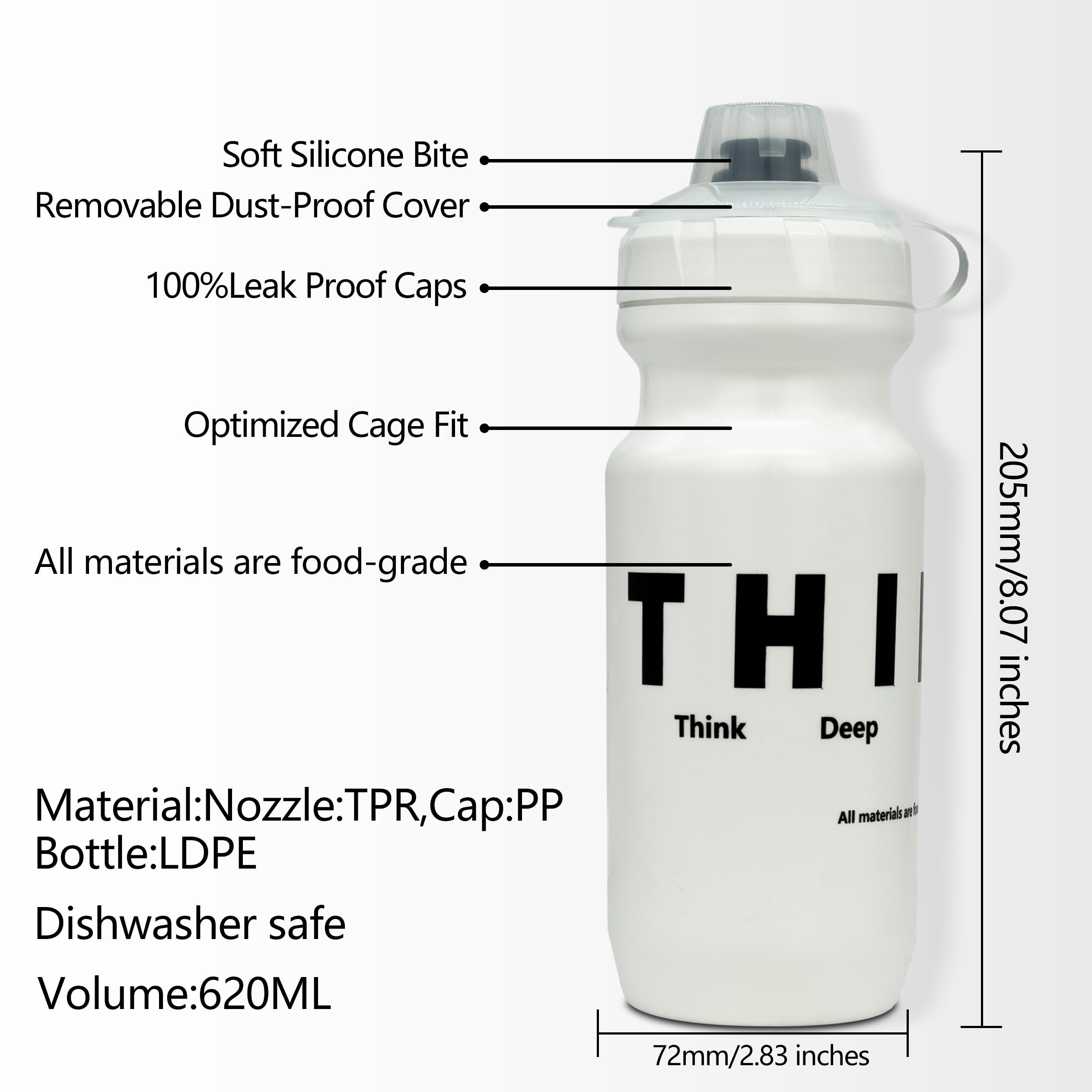 Thinvik Spülmaschinenfeste Wasserflaschen, 620 ml, lebensmittelechte Materialien, 2 x schwarze und 2 x weiße Wasserflaschen