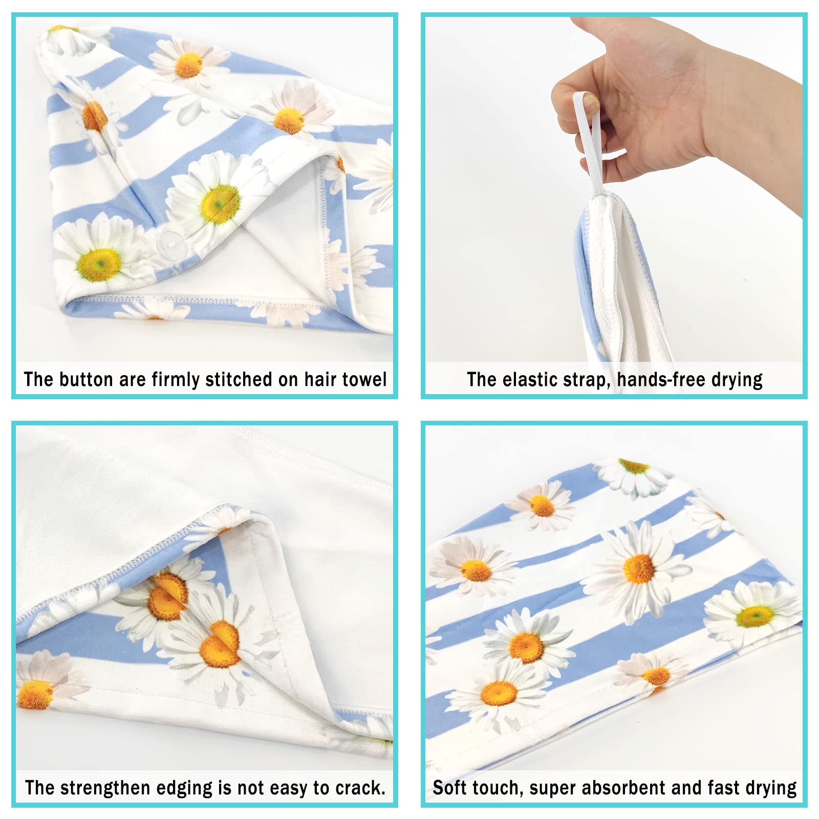 Siarnew 2 PCS Microfiber Hair Towel Turbans - Daisy Mermaid Design Quick Dry Hair Wraps