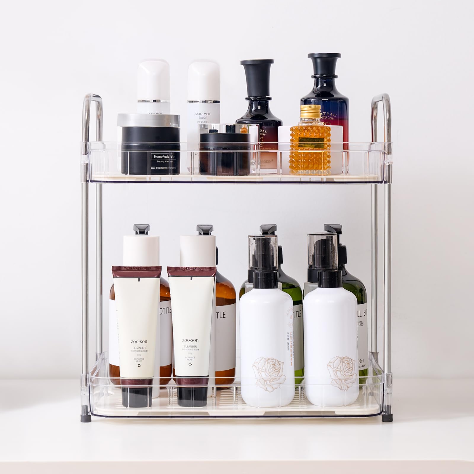 AmzAge 2-Tier Light Bathroom Countertop Organizers – Vanity Tray for Bathroom Organization and Decor, Detachable Makeup Storage Cabinet for Cosmetics, Skincare, and Personal Care Items