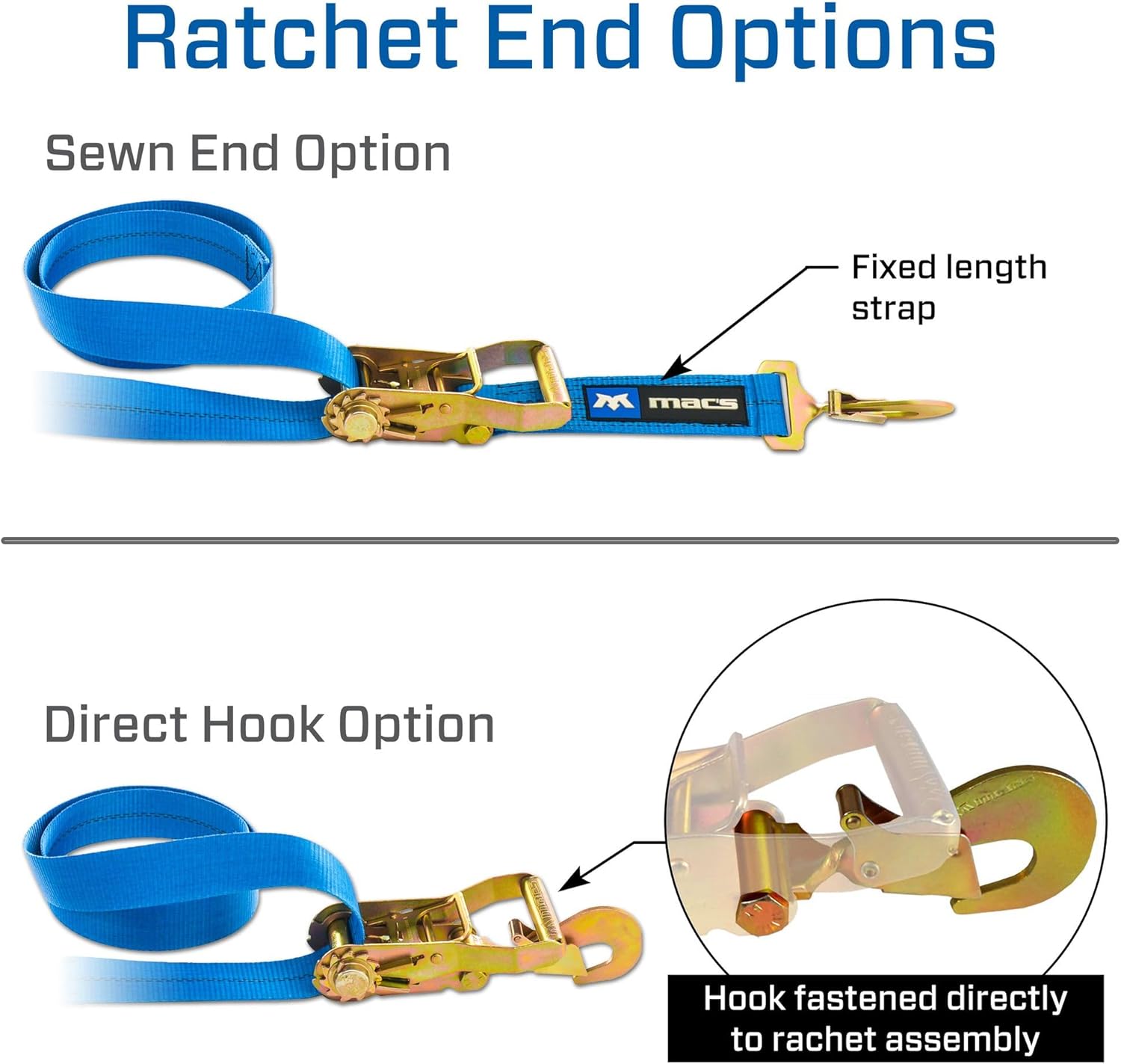 Mac's Ratchet Tie Down Straps, 2" x 8', 10,000 lb Break Strength, Direct Hook, 24" Axle Straps, Fleece Sleeves, Pro Pack, Black