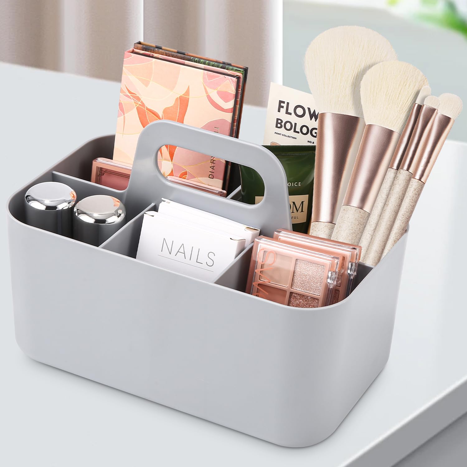 Mehrzweck Korb Organizer,Tragbarer Stapelbarer Kunststoffkorb mit Griff,Reinigungskorb, Bastelkorb,Schreibtischkorb,Bathroom Organizer,Aufbewahrung für Kunst und Make-up (Grau)