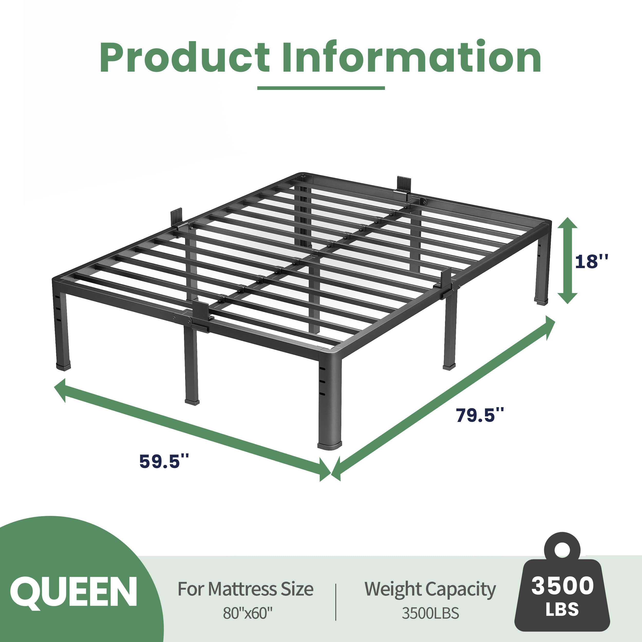 Marco de cama de plataforma de metal de 18 pulgadas, marco de cama tamaño Queen con patas de esquina redondas, soporte de listones de acero resistente de 3,500 libras, no necesita somier, fácil 3
