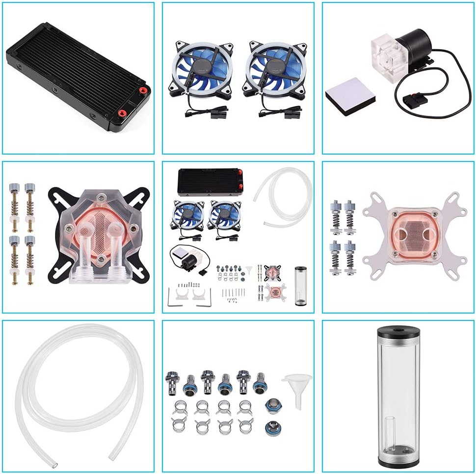 DIY 240mm Water Cooling Kit, DIY 240mm Cooler CPU/GPU Block Pump Reservoir with LED Fan Heat Sink Computer Water Cooling Connectors Kit, Liquid CPU Cooler Kit