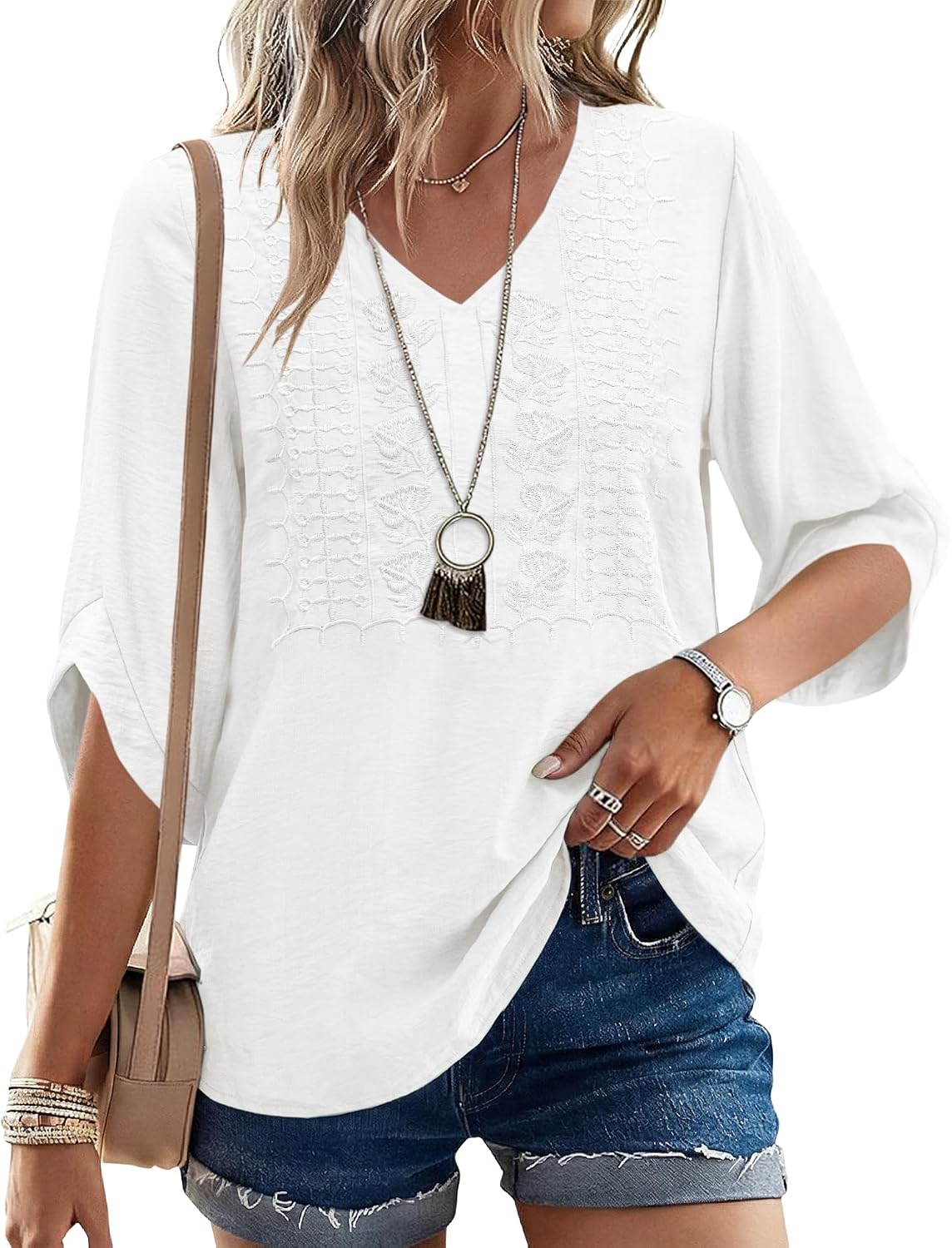 Rapbin Womens 3/4 Sleeve Tops V Neck Casual Shirts Trendy Embroidered Lace Blouses Boho Summer Vacation Clothes