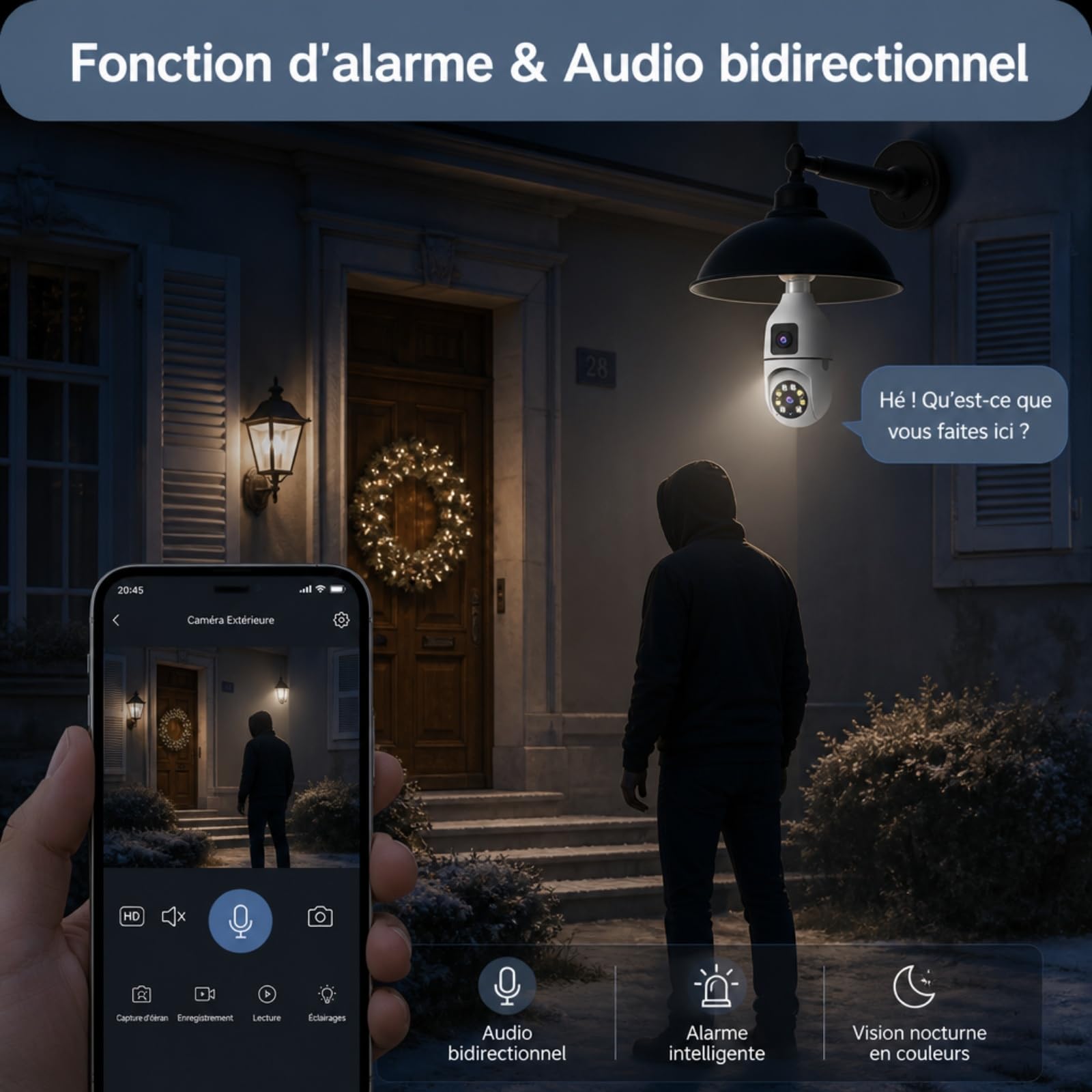 1080P HD Caméra Double Objectif Ampoule E27 WiFi 2.4G Intérieur Extérieure