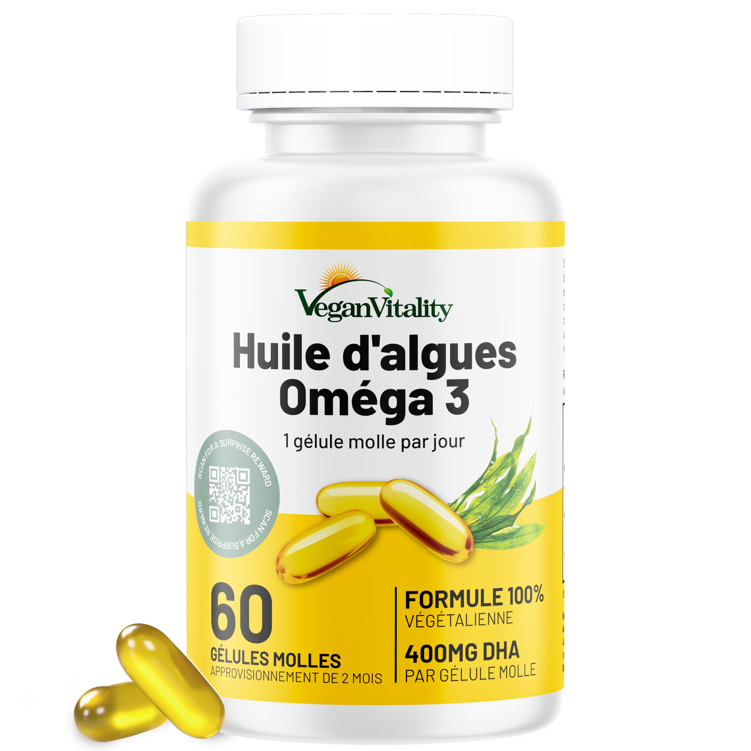 Omega 3 Vegan Huile d'algues 400 mg DHA par capsule, 60 capsules, soit 2 mois d'huile vegetale. Remplace huile de foie de morue, convient à tous les régimes vegan/végétariens