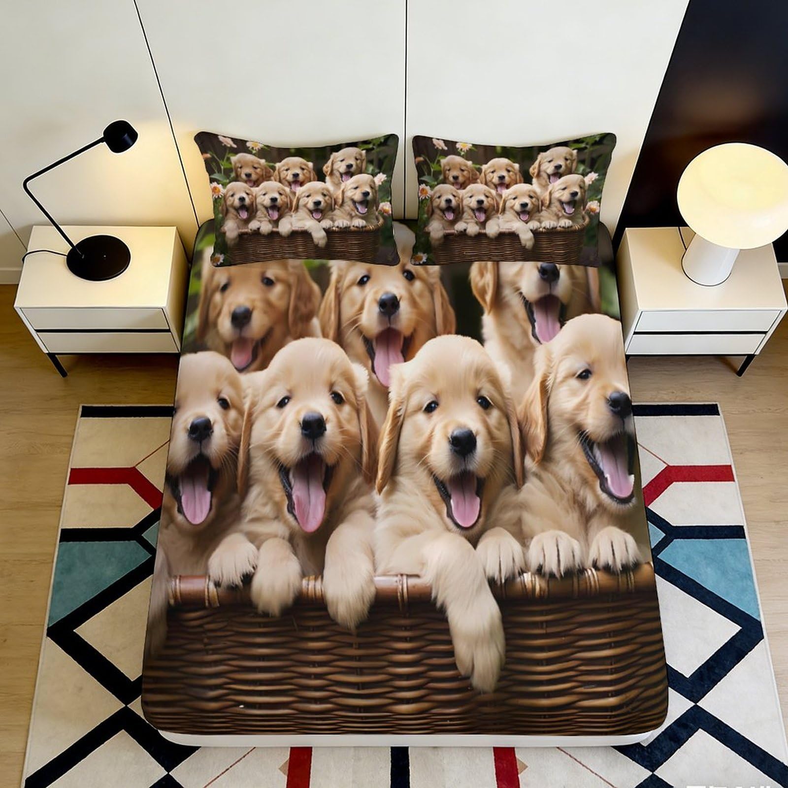 3D Printed Golden Retriever Puppies Fitted Sheet Microfiber Soft Breathable Playful Dog Bed Cover for Bedroom Dormitory Guest Room Mattress Protection Decor 120x200x25cm