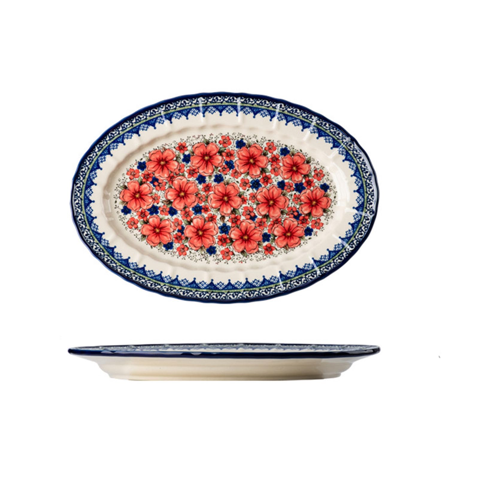 Keramikprodukte, rosa Blumenmuster, ovale Servierplatte, 30,5 cm, Servierplatte, Porzellan, Wurstplatte, Fischplatte, Tablett, Servierschüssel