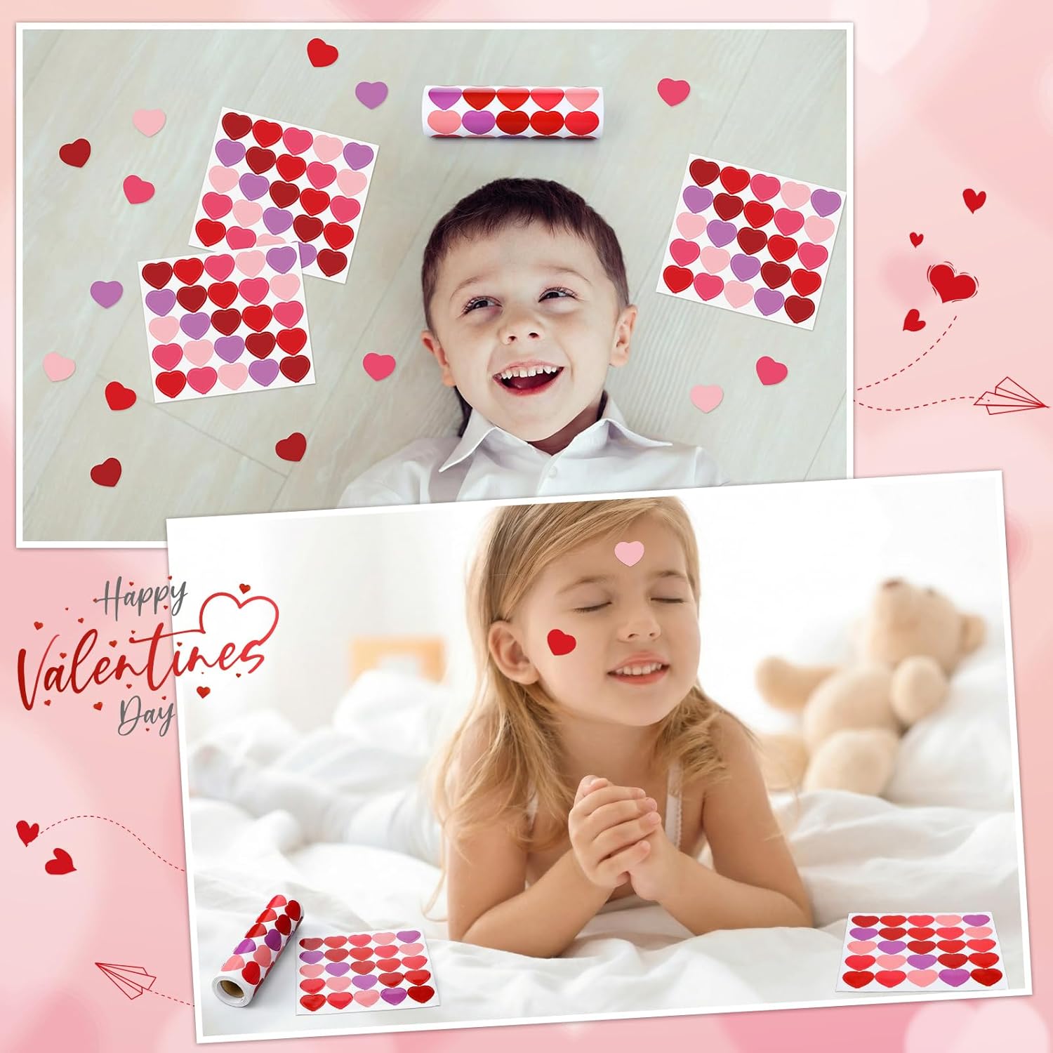 Tenceur 1000 Pcs Valentines Heart Stickers for Kids, 5.3 in Red Heart Stickers Roll Pink Purple Sticker for Valentines Party Favors, Kid Reward Classroom School Supplies, Wedding Envelope Packaging