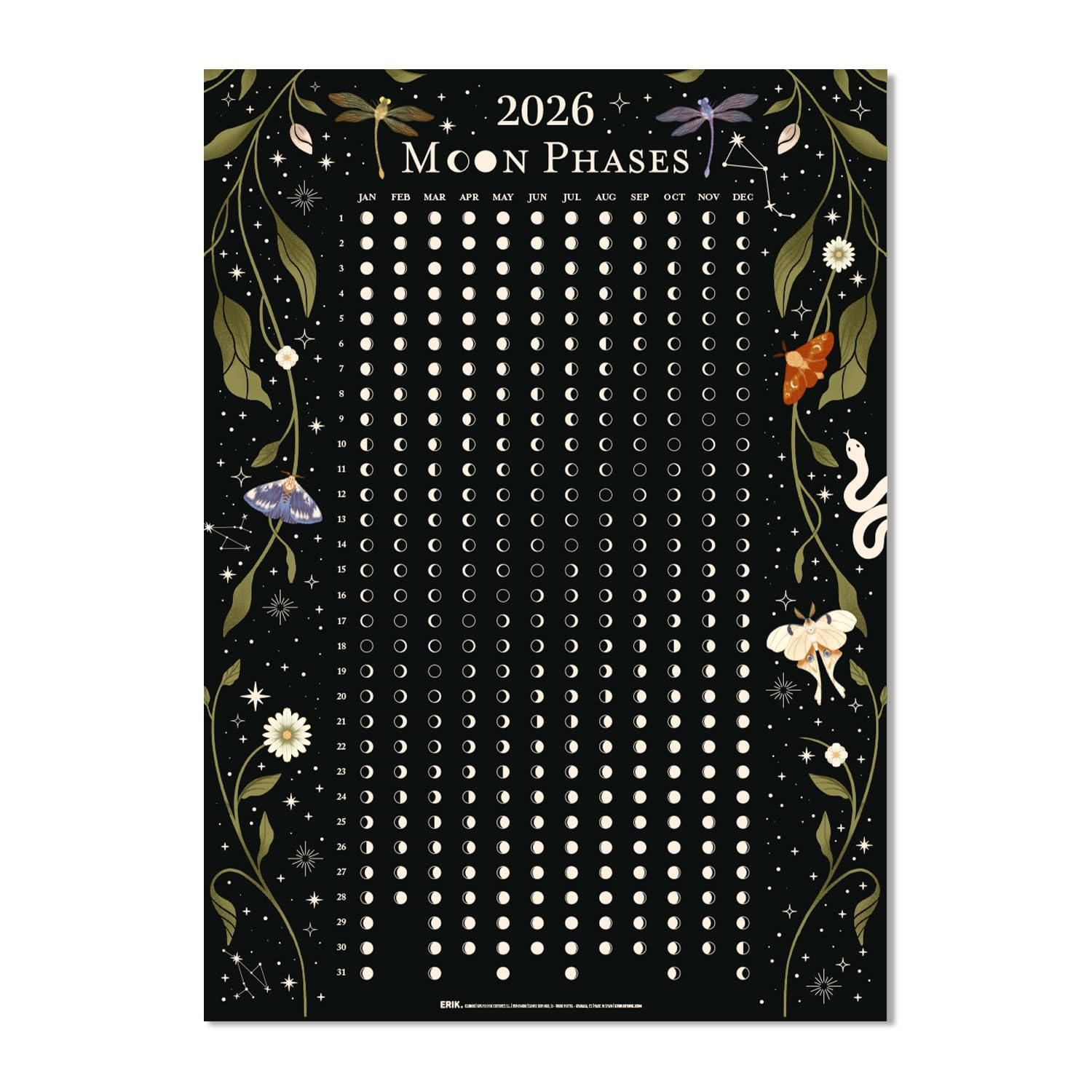 Grupo Erik Moon Calendar 2026 - Astral | 50 x 70 cm - 19.7 x 27.6 inches, Glow In The Dark Moon Phase Calendar 2026, Decorative Wall Poster | Astronomy Gifts, Astrology Gift