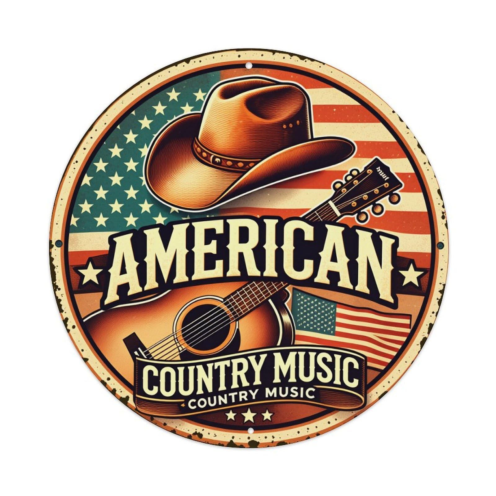 American Country Music Guitar Hat Flag Round Tin Sign Vintage Metal Poster, Home Bar Garage Man Cave Cafe Indoor & Outdoor Wall Decoration 8x8Inches