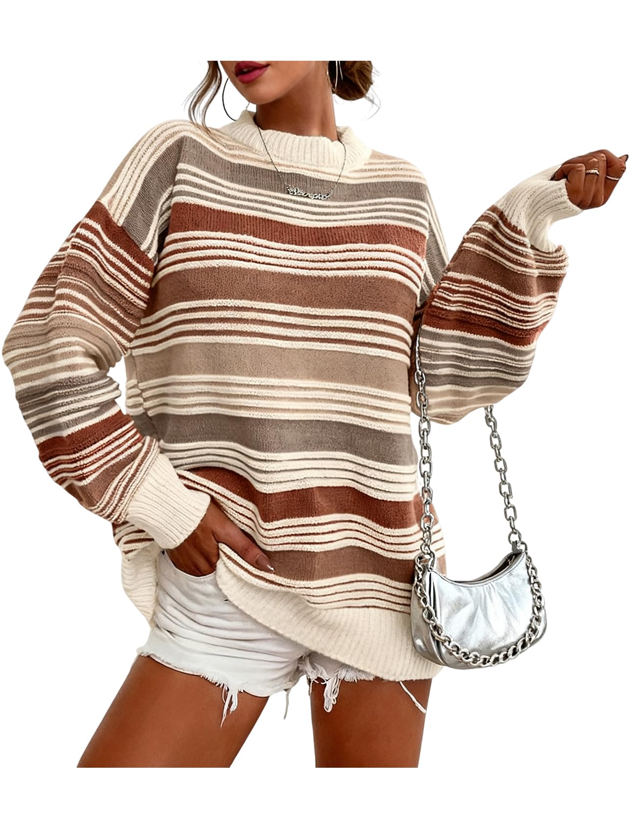 Wyeysyt Womens Striped Pullover Sweaters Fall Oversized Knit Sweaters Crewneck Long Sleeve Loose Tops
