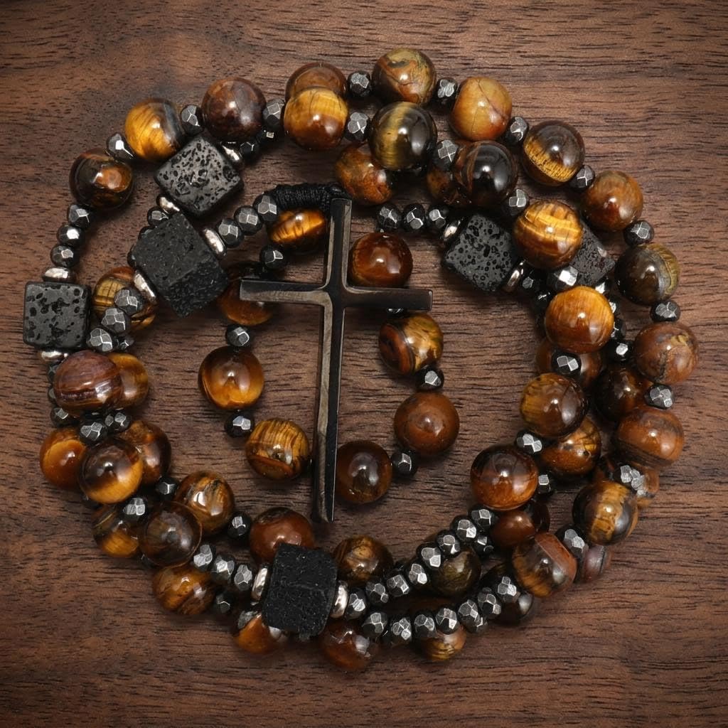 Nazareth Store Men's Rosary Necklace Black Onyx or Tiger Eye Beads with Black Alloy Cross, Catholic Christian Religious Jewelry, Gift for Him