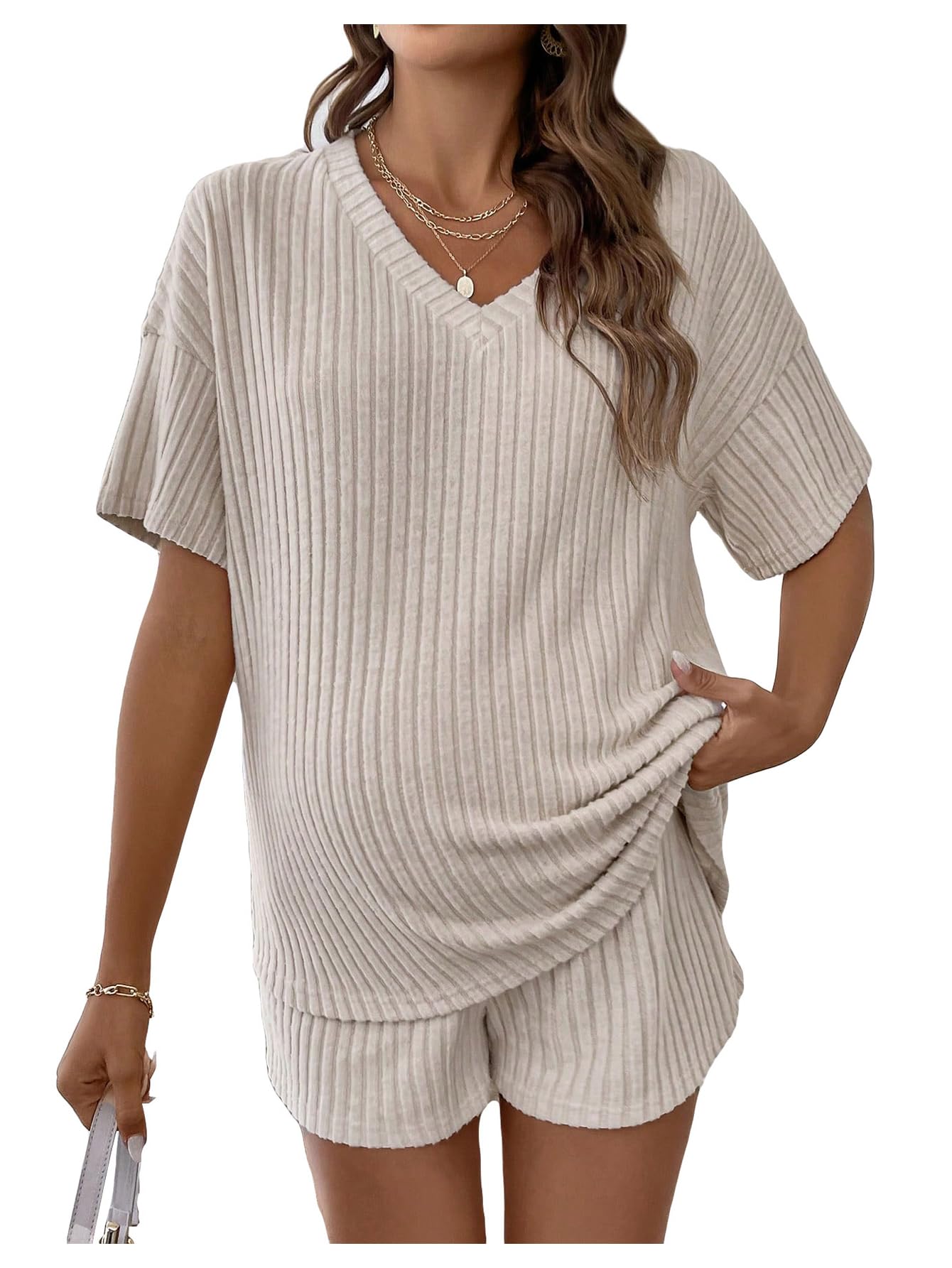 MakeMeChic Women's Maternity 2 Piece Sets Ribbed Shirt and Biker Shorts
