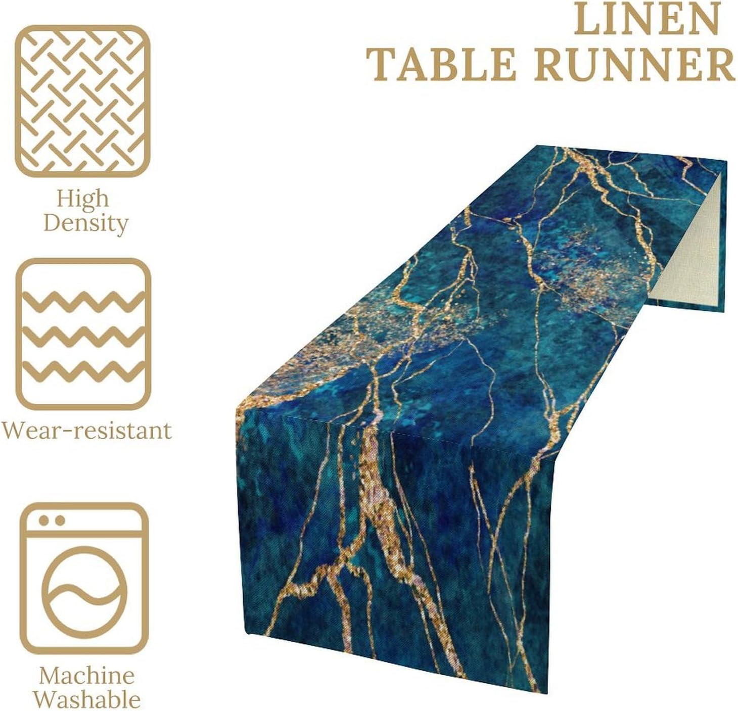 Blue Gold Crack Marble Table Runner, Golden Texture Luxury Rock Backdrop Pattern Print Table Decor, Cotton Linen Tablerunner for Dinning Room, Kitchen, Living Room, 13x60in