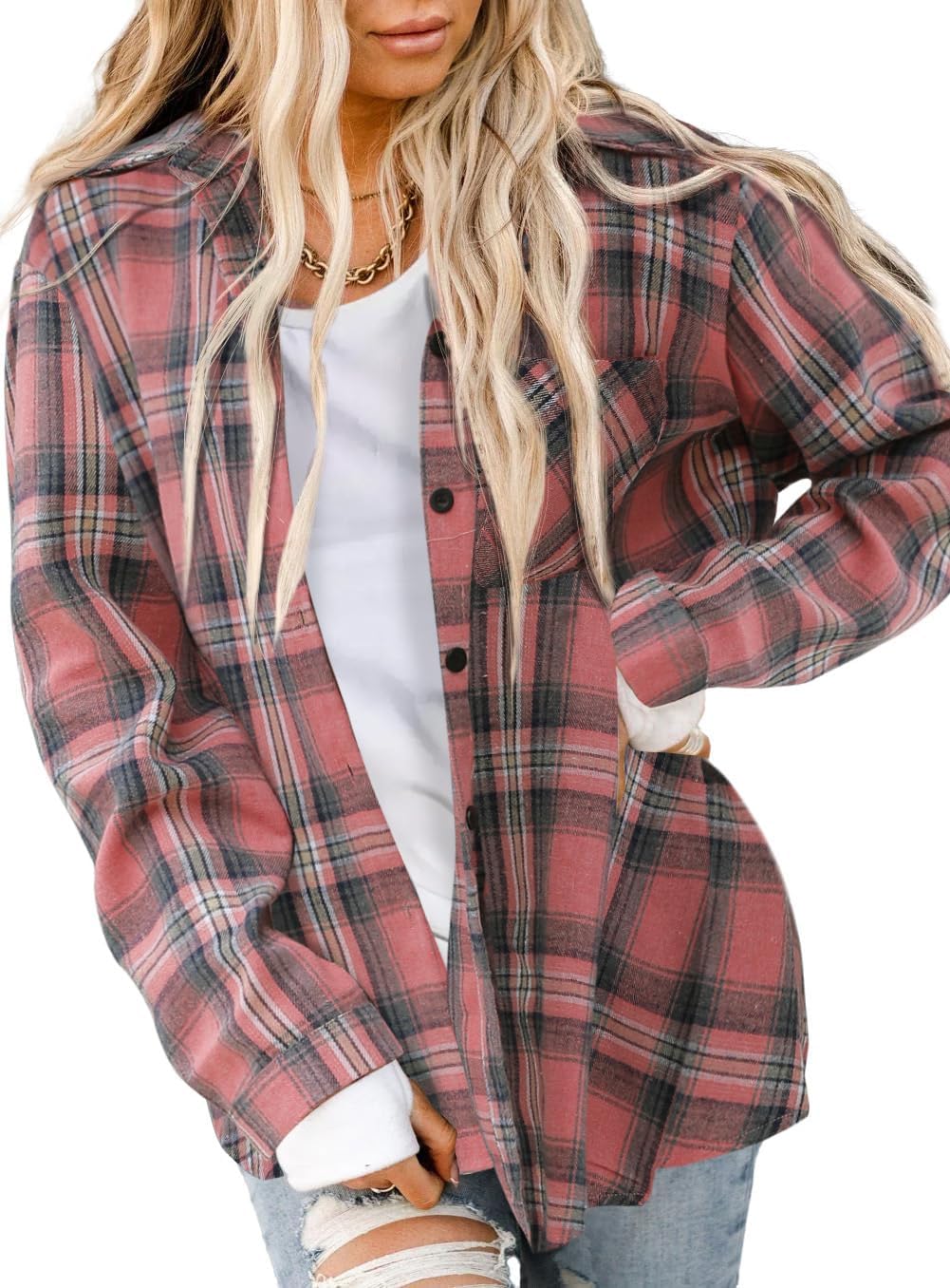Asiertiy Womens Buffalo Plaid Flannel Shirt Long Sleeve Collar Button Down Blouses Lightweight Tops (XS-4XL)