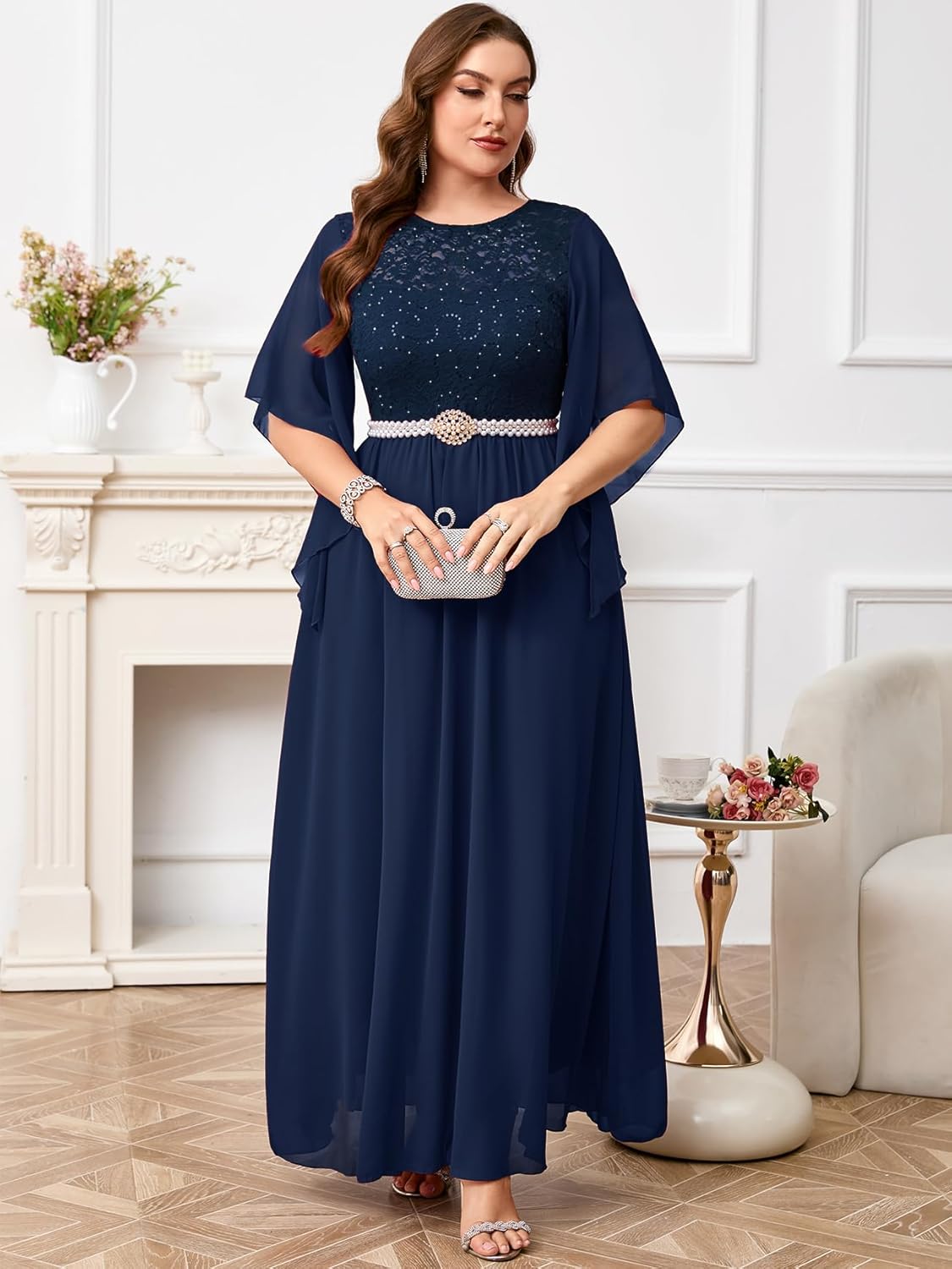 ZOMVA Plus Size 0X-4X Formal Dress Sequin Lace Chiffon A-line Maxi Dress Handkerchief Sleeve Evening Wedding Guest Prom Gown - Image 5