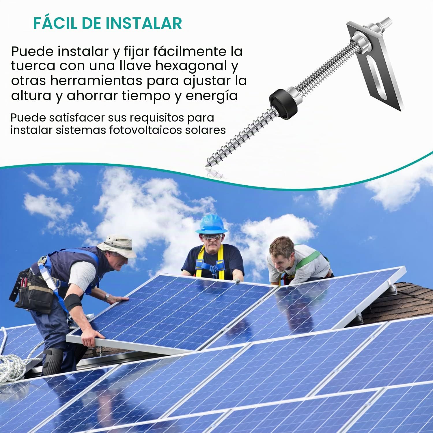 16 Piezas Tornillos de Acero Inoxidable, M10 x 200 mm, Tornillos de Soporte Placas Solares, Altura Regulable, con 16 Piezas Placa Adaptadora, para Fijación Solar Fotovoltaica