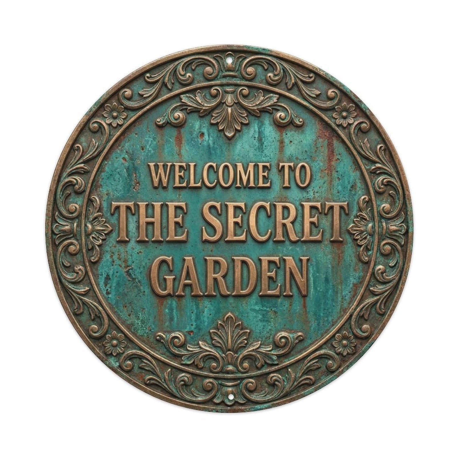 Vintage Welcome Secret Garden Bronze Teal Ornamental Metal Tin Sign