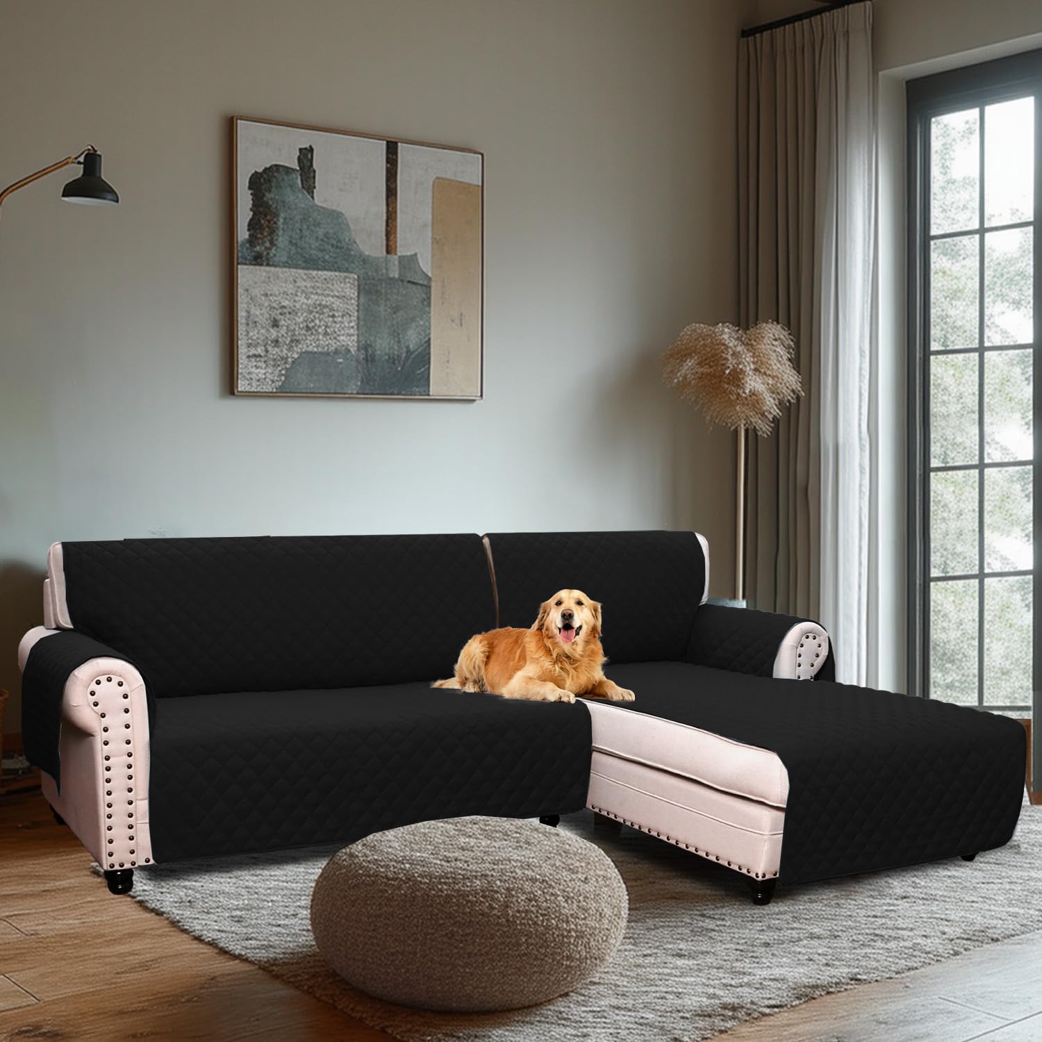 H.Versailtex Water Resistant Sofa Covers for Sectional Sofa 2-Piece Non Slip Corner Sofa Cover Sectional Couch Cover L Shaped for Dogs (Right Chaise Lounge Cover + 3 Seat Sofa Cover, Black)
