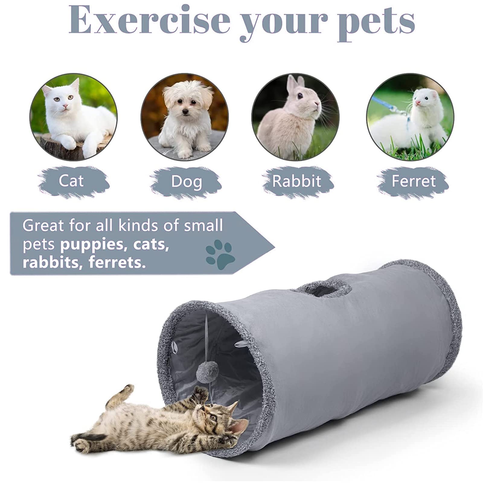 Tunnel Per Gatti Pieghevole Con Sfera - Giocattolo Interattivo Per Gatti Da Interno, Diametro 30cm X 130cm - Foto 10