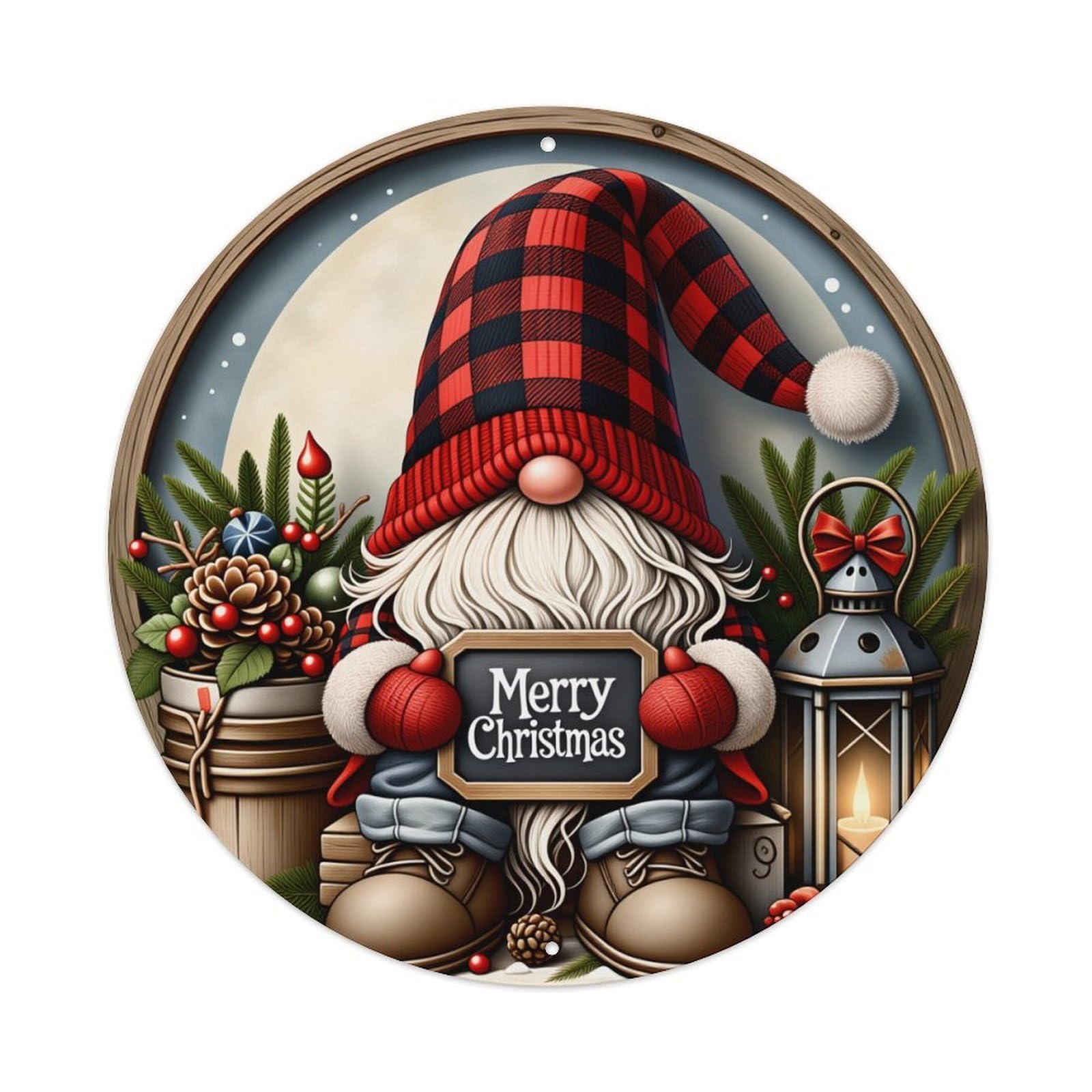 Christmas Gnome Lantern Pinecone Metal Tin Sign Vintage Garden Bedroom Cafe Bar Man Cave Home Wall Decor Metal Poster 8x8 inches