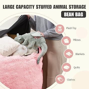 Fluffy Bean Bag for Stuffed Animals Storage, Faux Fur Washable Bean Bag Chair Cover(No Filler) for Textile Plush Toys, Beanbag Chair Cover for Adults Kids Teens, 5FT, Pink