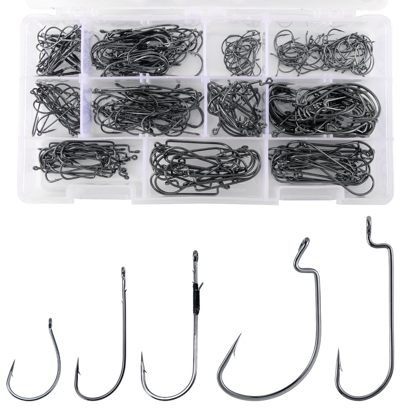 Dr.Fish Bass Hook Assortment, EWG, Round Bend, Drop Shot, Heavy Cover, Freshwater Fishing Worm Hooks Kit with Tackle Box, Texas Rig, Wacky, Punching Flipping
