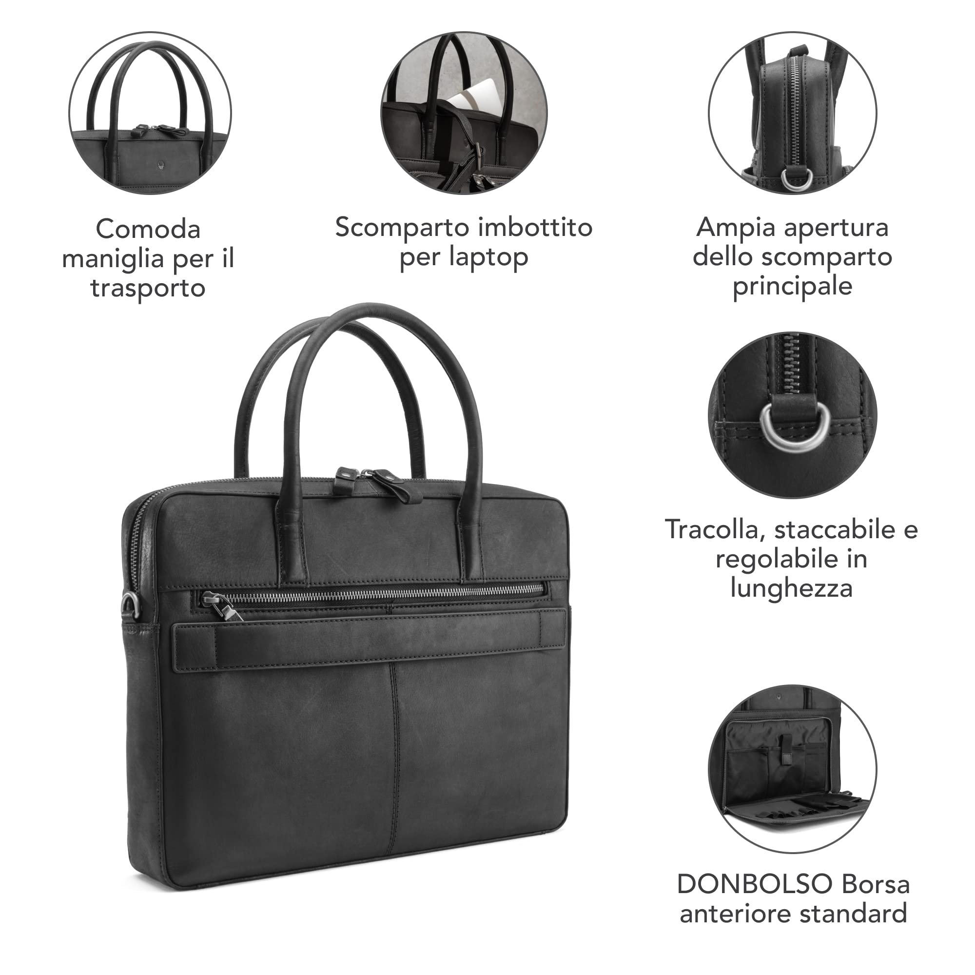 DONBOLSO Borsa per Computer Portatile Nizza | Borsa in Pelle con Scomparto per Laptop | Cartella per Notebook | Borsa a Tracolla per Uomo e Donna | Borsa da Lavoro