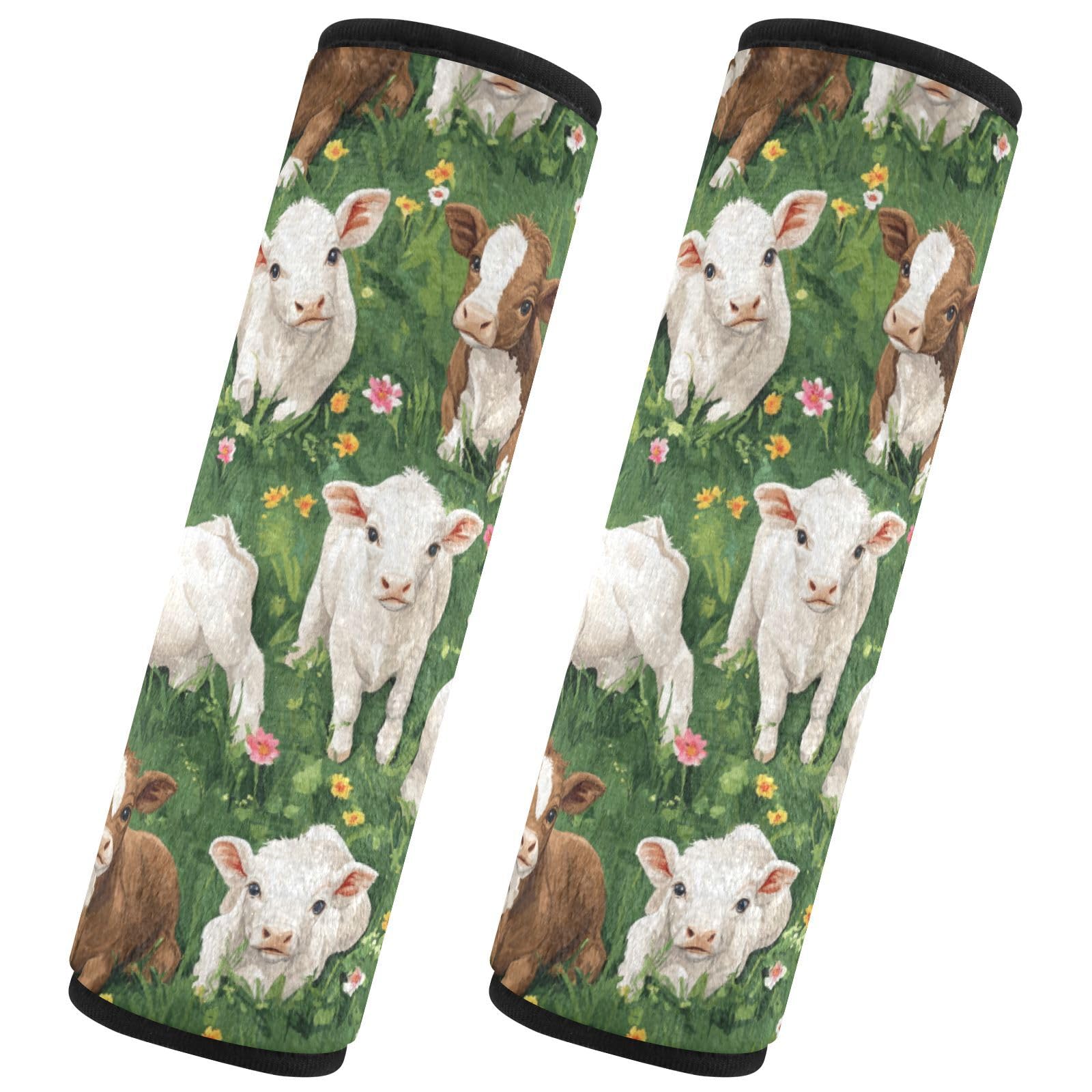 Seat Belt Covers 2 Pack Cute Calves Car Seat Strap Covers Super Soft Grass Flowers Car Seat Neck Cover for Boys Girls Adults Babies S