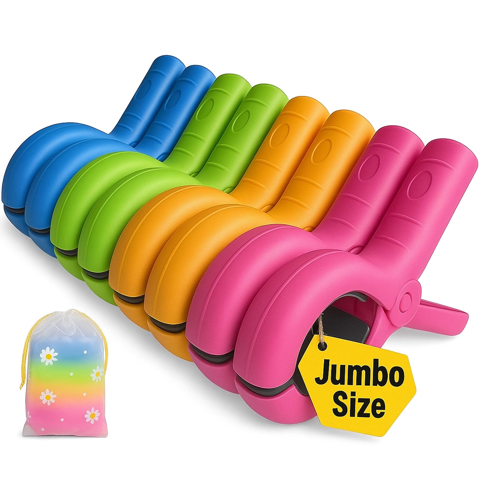5.1"Jumbo Beach Towel Clips 8 Pcs, Storage Bag Included, Towel Clamps, Plastic Clothes Pegs Hanging Clamps, for Pool Cover/Cruise Chairs, Heavy Duty Clothes Pins Beach Accessories (Jumbo Size - 8 pcs)