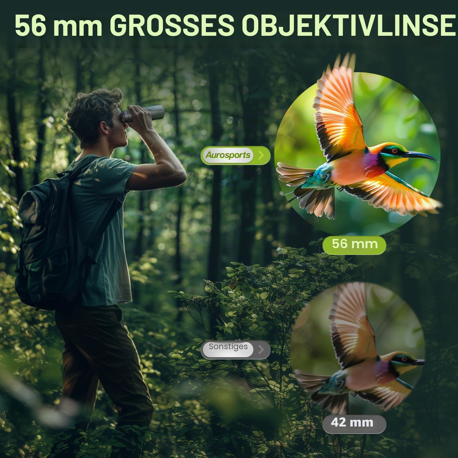 Aurosports 15x56 Fernglas für Erwachsene - HD Fernglas für Vogelbeobachtung Large View mit BAK4-Prisma klaren Low Light Vision - Easy Focus Leichtes Ferngläser für Jagd Wandern Kreuzfahrt Reisen（Grün）