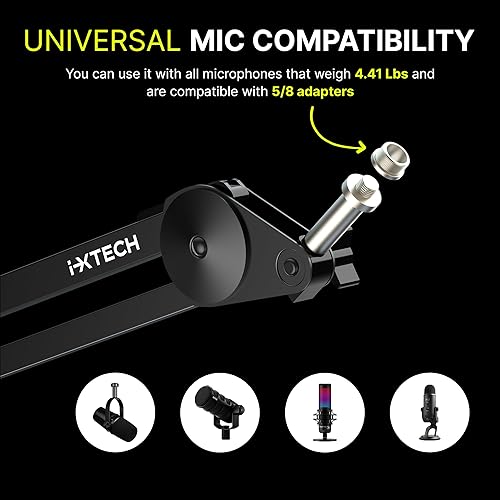 Miniatura 2 de IXTECH Soporte de brazo para micrófono, soporte de micrófono ajustable resistente con bridas para cables, soporte de brazo de montaje en escritorio