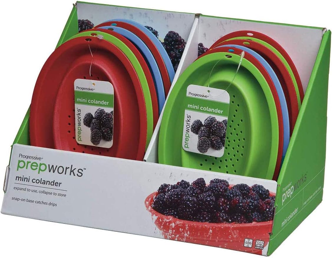 Prepworks Collapsible Mini Small Compact Multi Colored Fruit Vegetable Colander Strainer Water Drainer Set, 4 Pack
