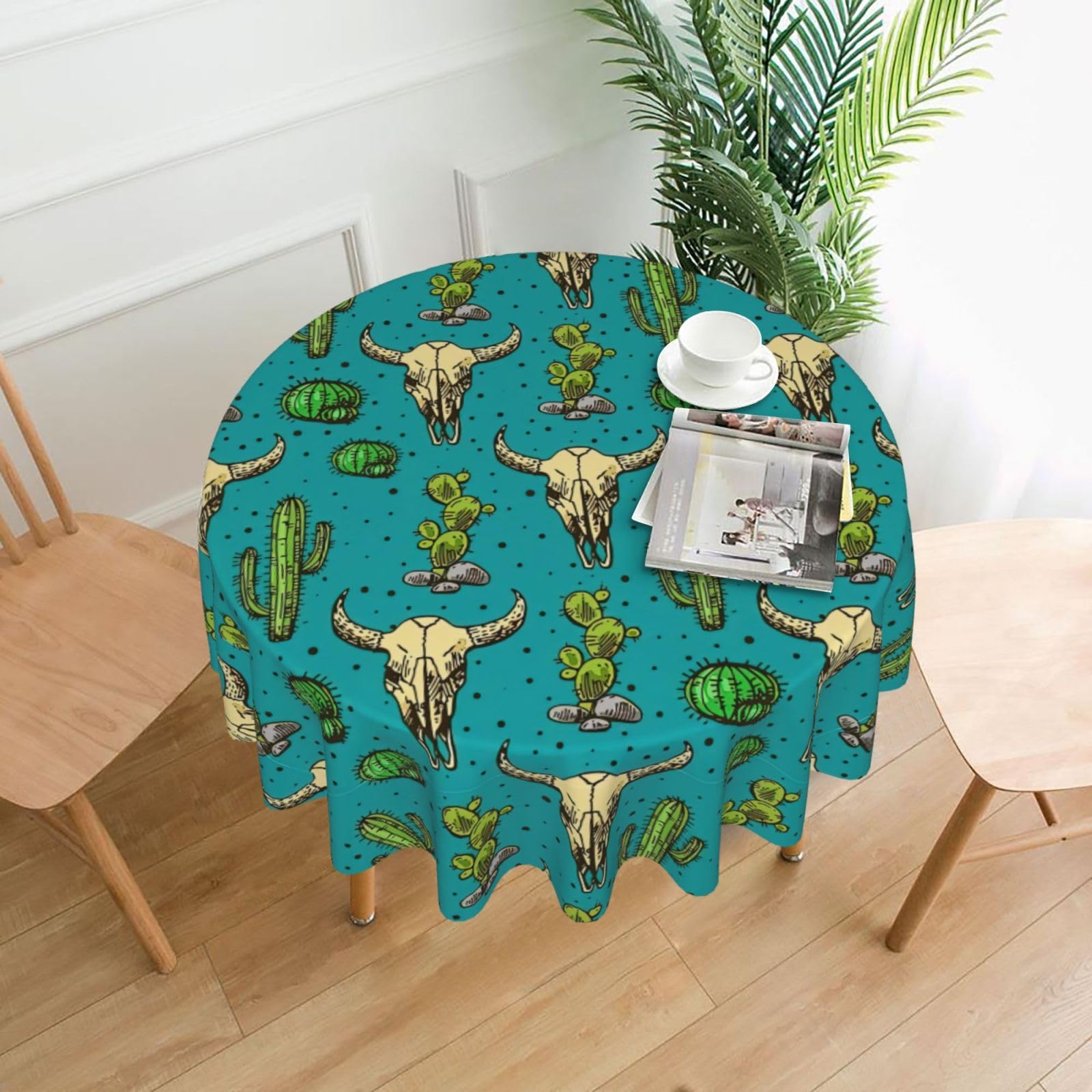 OKFSTY Cute Cactus and Skull of Bull Print Round Tablecloth 60in for Wedding Elegant Polyester Cover for Party Reception Festive Dinner