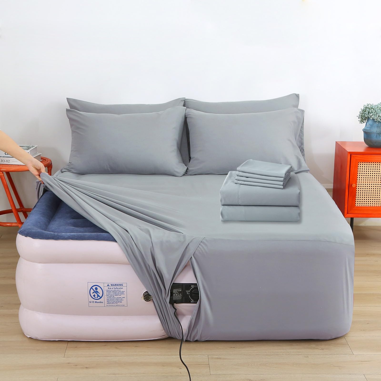 Air Mattress Sheet Set Queen Size 6 Piece Deep Pocket Bed Sheet Set for 16-24 Inch Air Bed