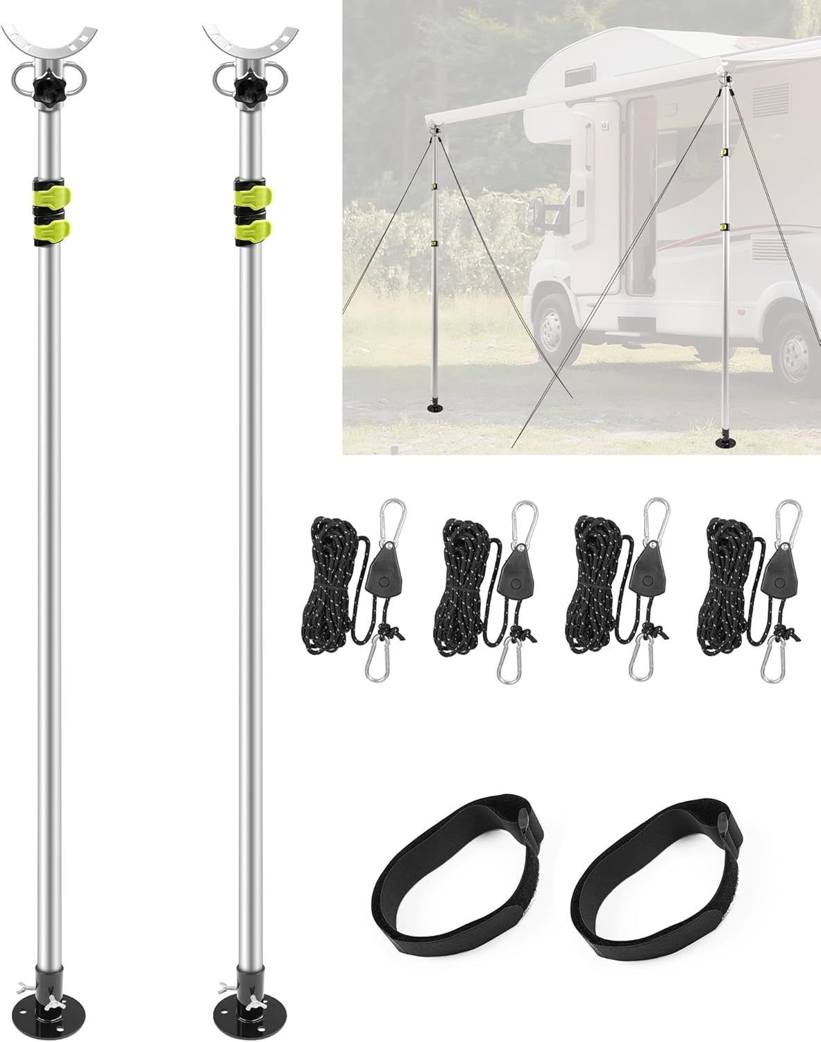 Awning Stabiliz'r Pole Kit - 2 Pack RV Awning Tie Down Kit Pole with 4 Wind Ropes & Accessories, Heavy Duty RV Awning Support Poles Adjustable Length 43" to 112"