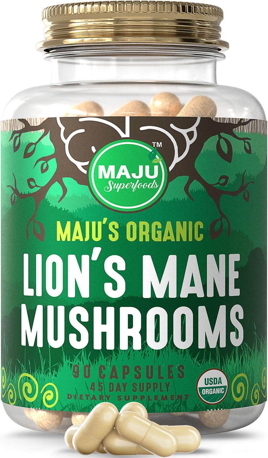 Maju Superfoods Organic Lions Mane Mushroom Capsules 90ct, Fruiting Bodies Steam Extract, Organic Mushrooms w/Black Pepper Extract, Hericium Erinaceus